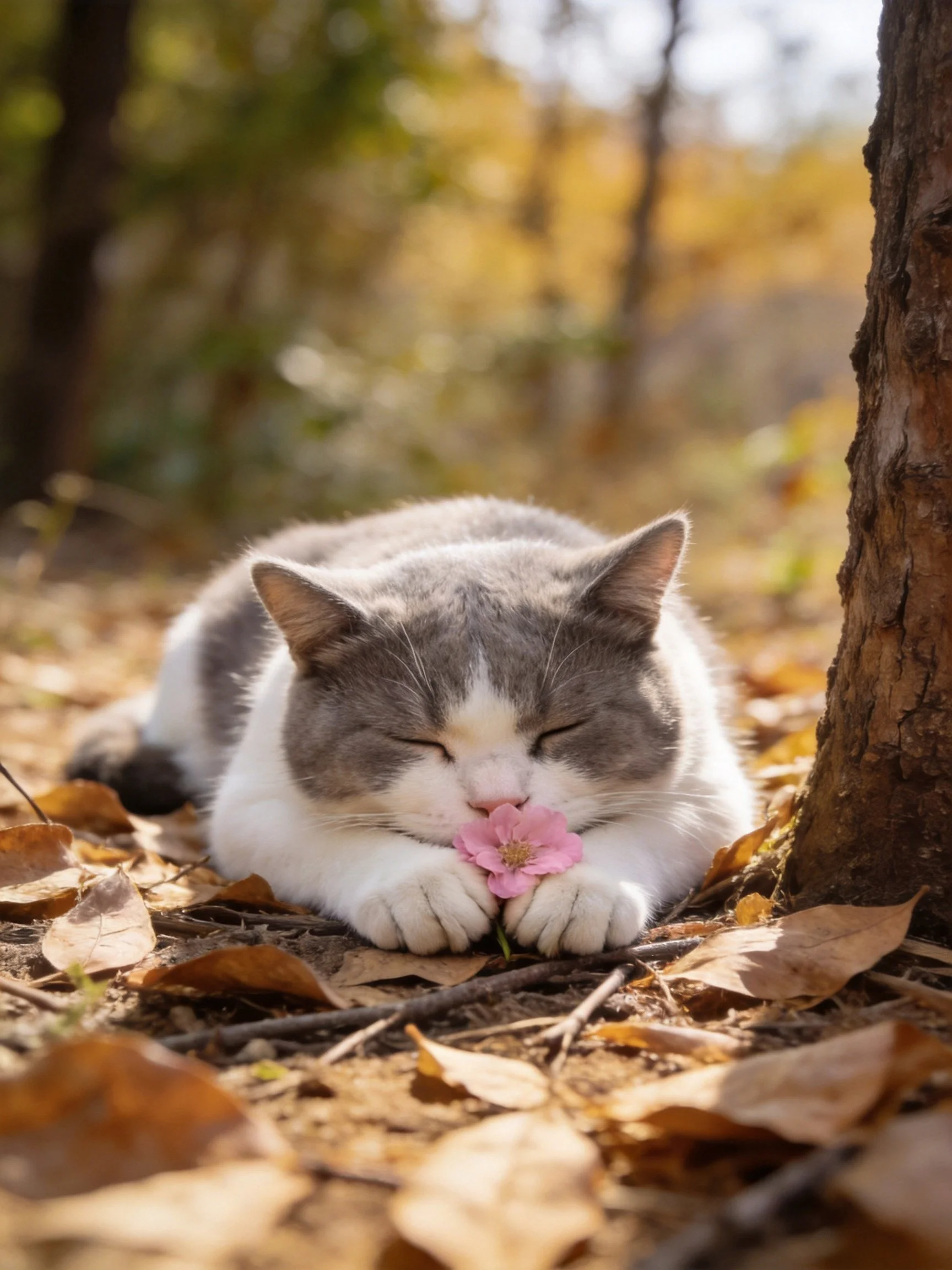 A gray-and-white cat relaxes with a pink flower among autumn leaves near a tree.