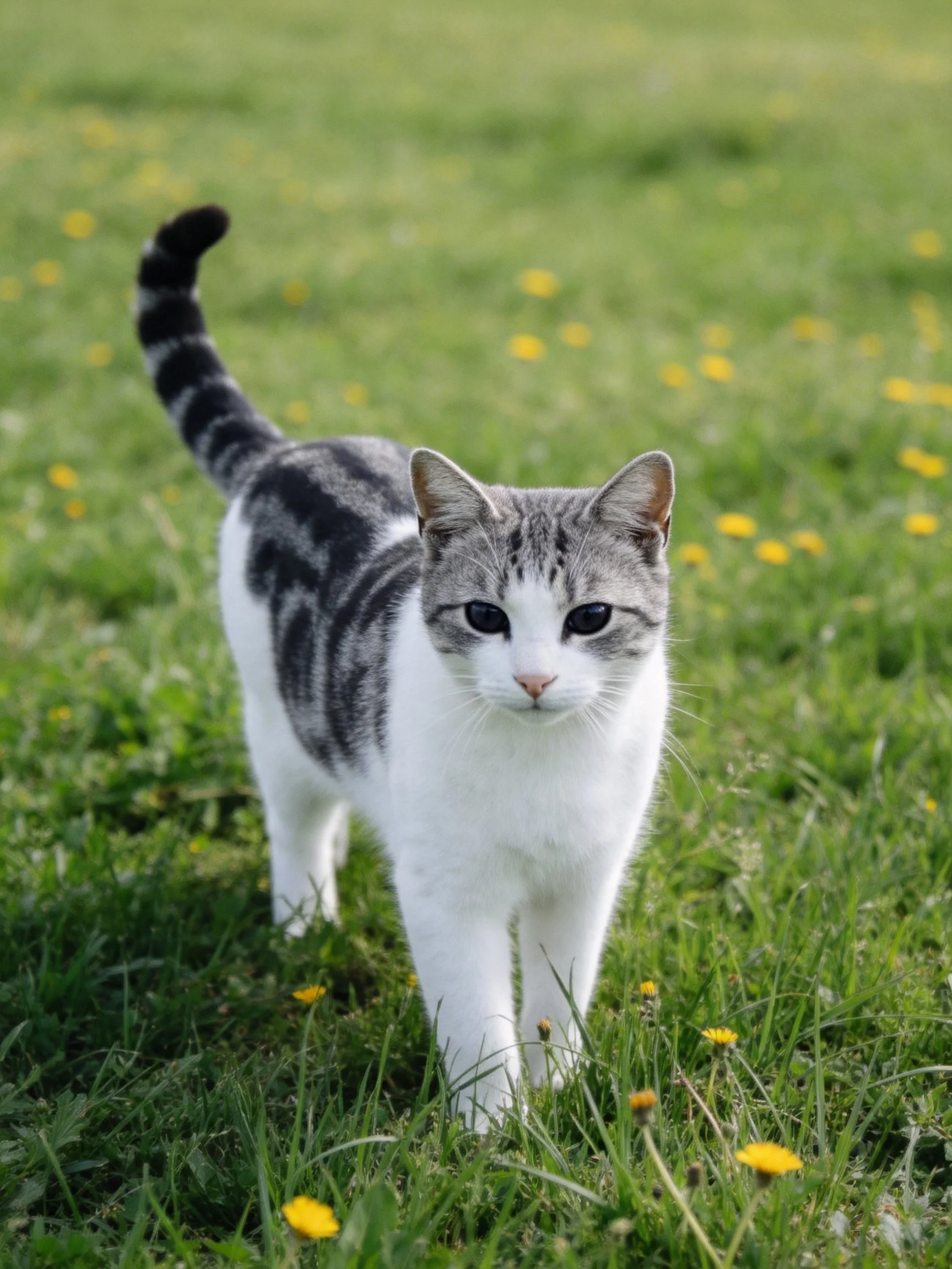 A gray and white cat stands amid green grass speckled with yellow blooms.