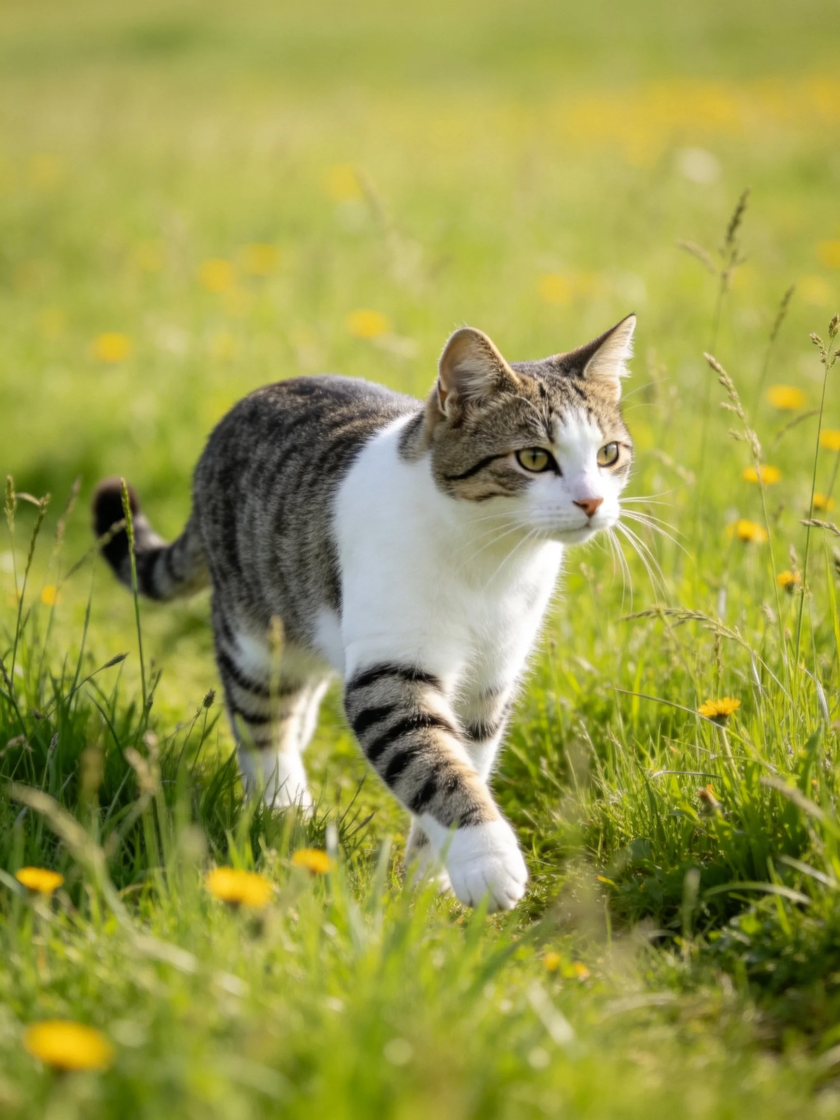 A gray-and-white cat roams a sunlit meadow with yellow wildflowers