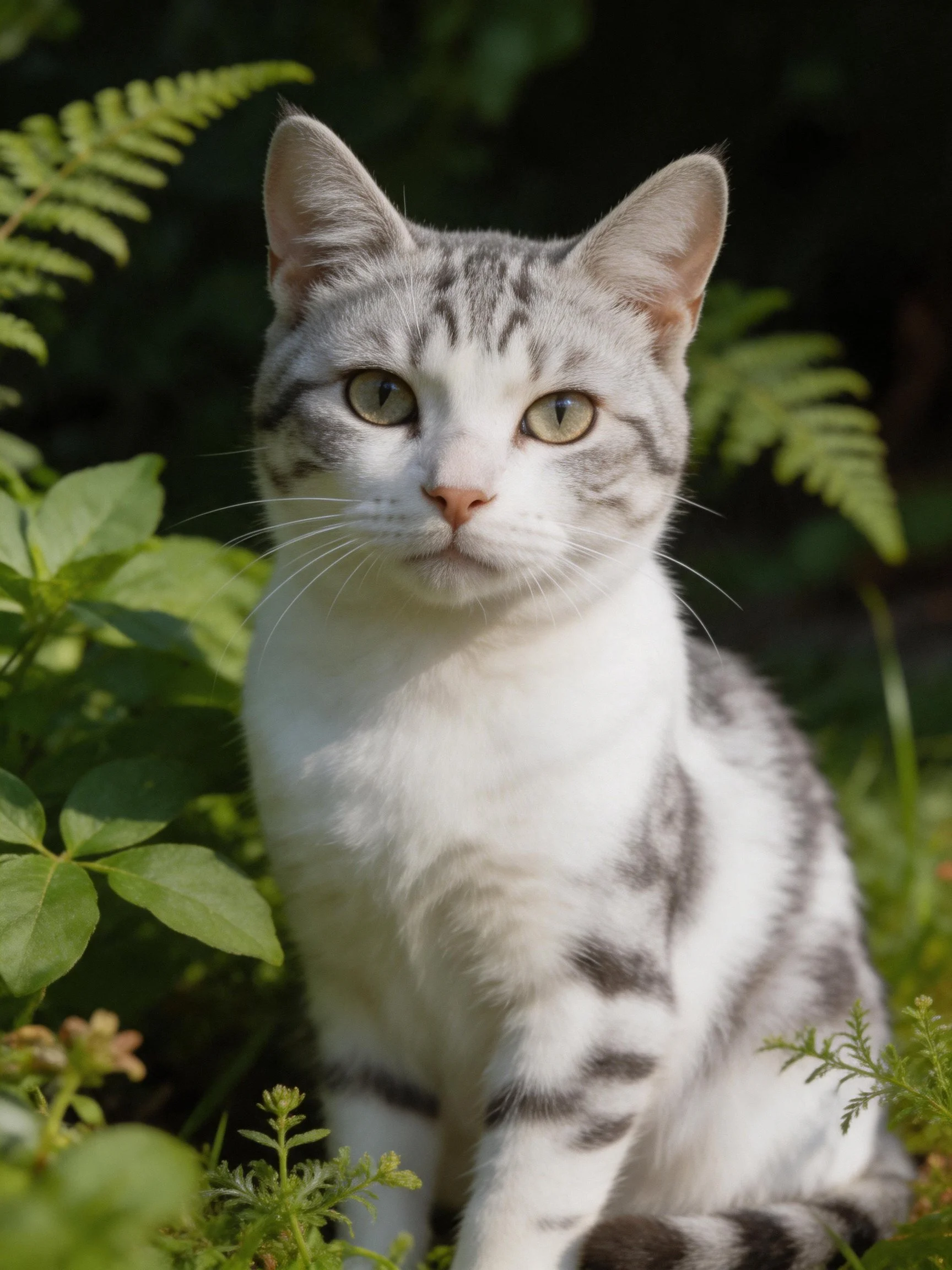 A gray-and-white cat sits calmly among green plants in a serene outdoor setting.