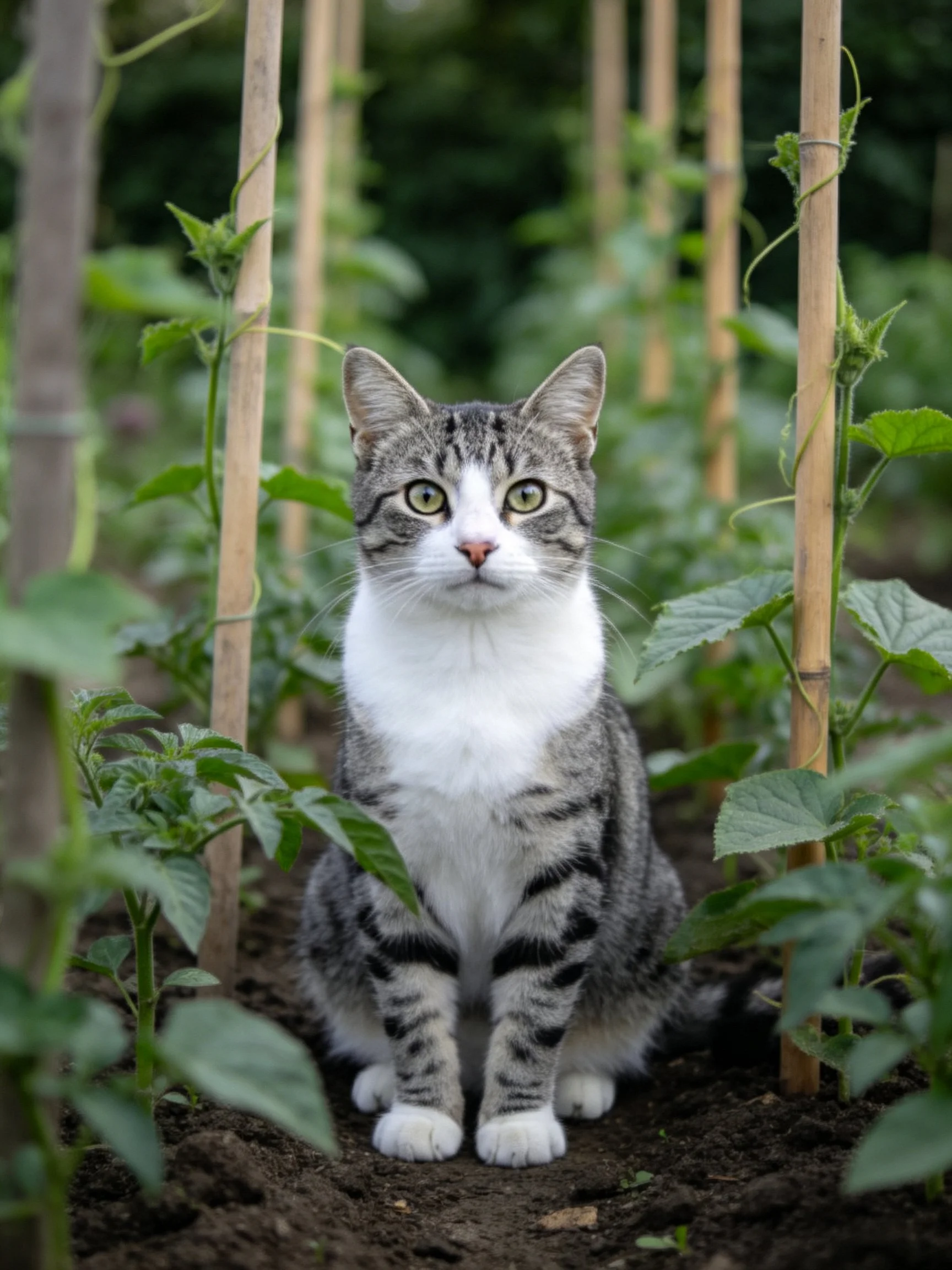 A gray and white cat sits calmly among green plants and wooden supports.