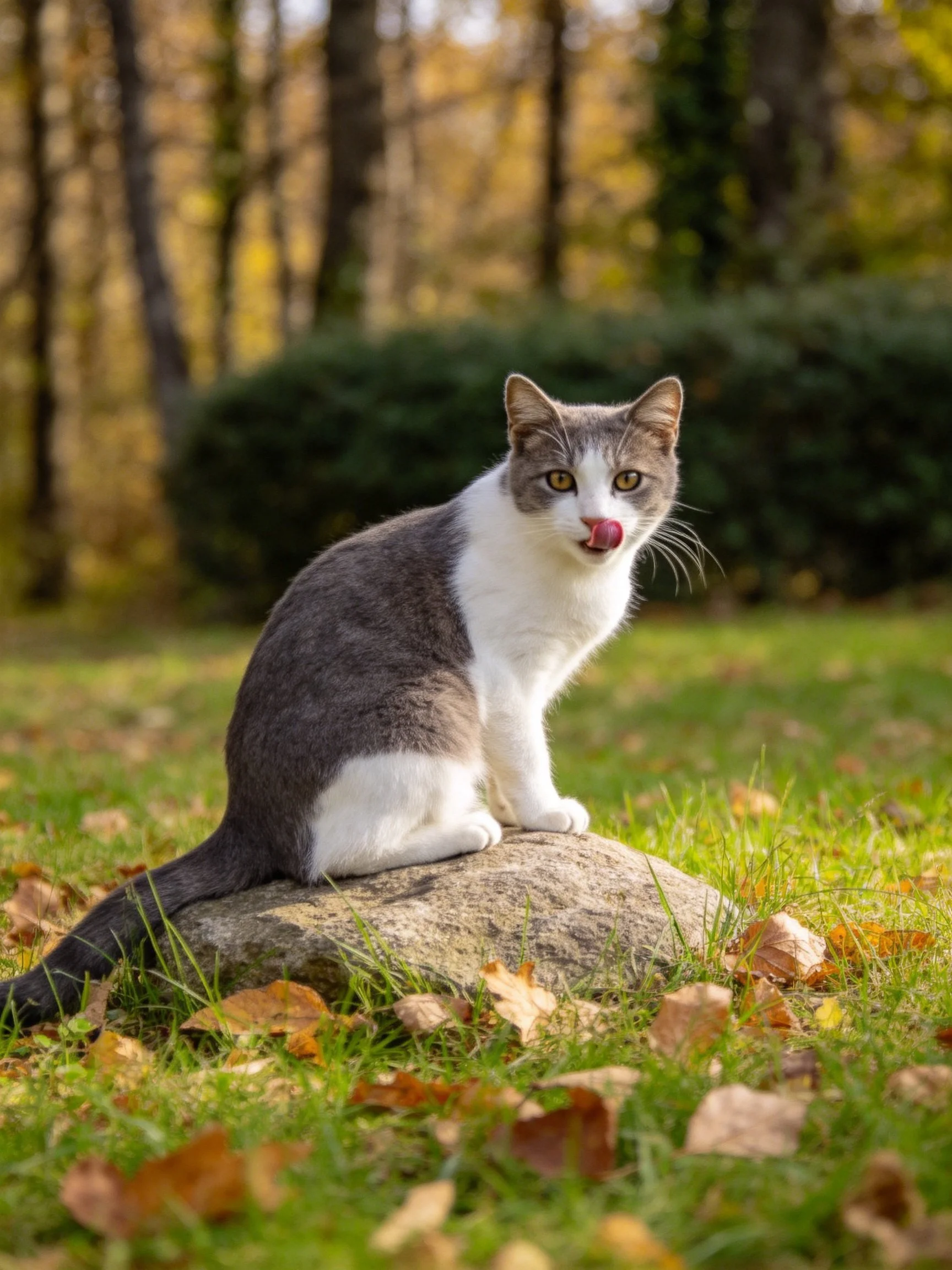A gray and white cat rests on a rock amid autumn scenery.