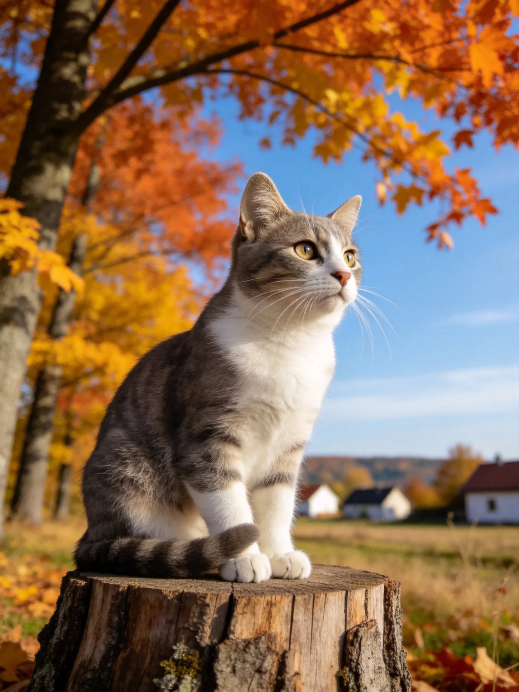 Gray-and-white cat sits on a tree stump near autumn trees with colorful leaves