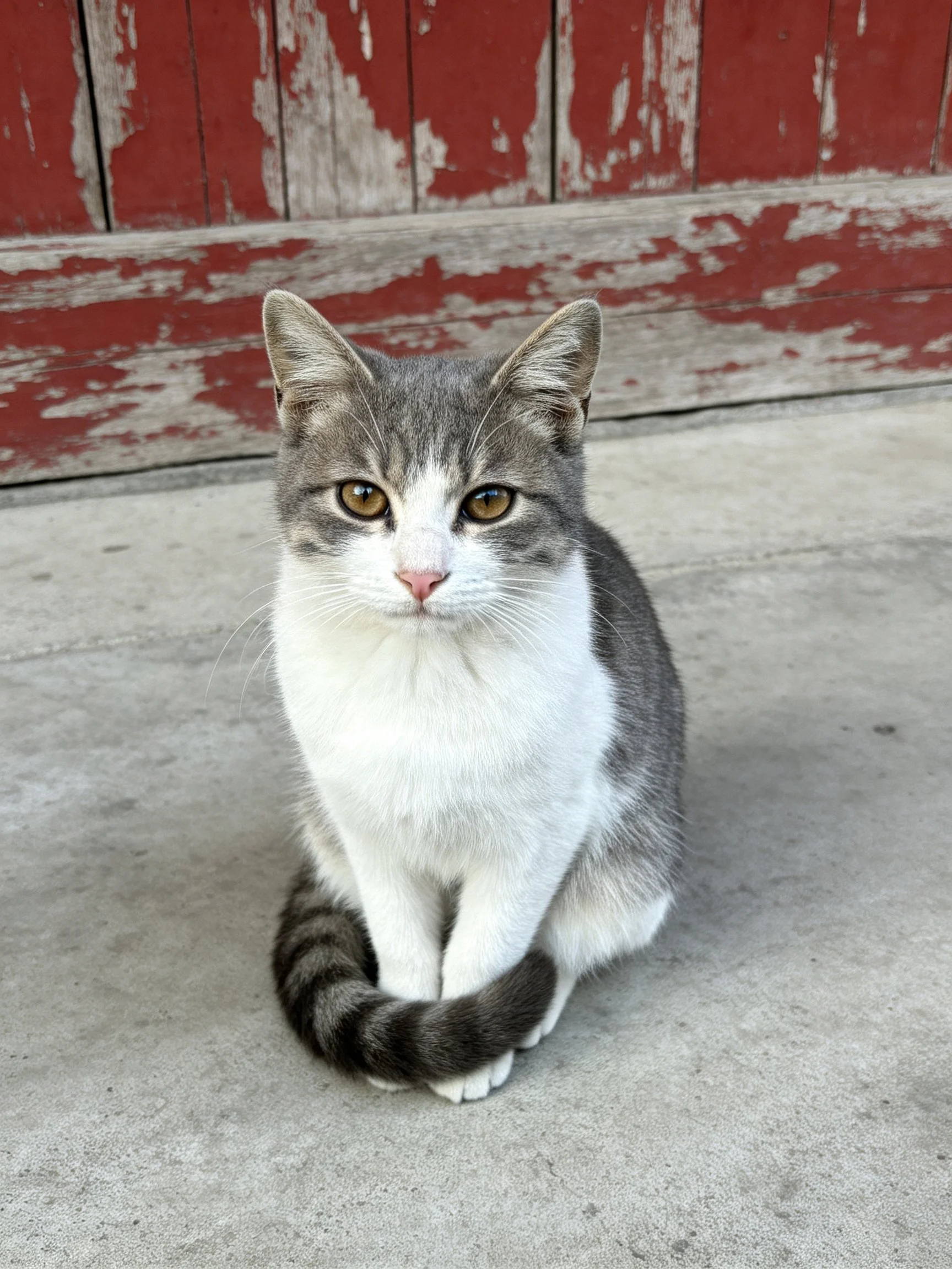 A gray and white cat sits calmly in front of an aged red wooden structure.