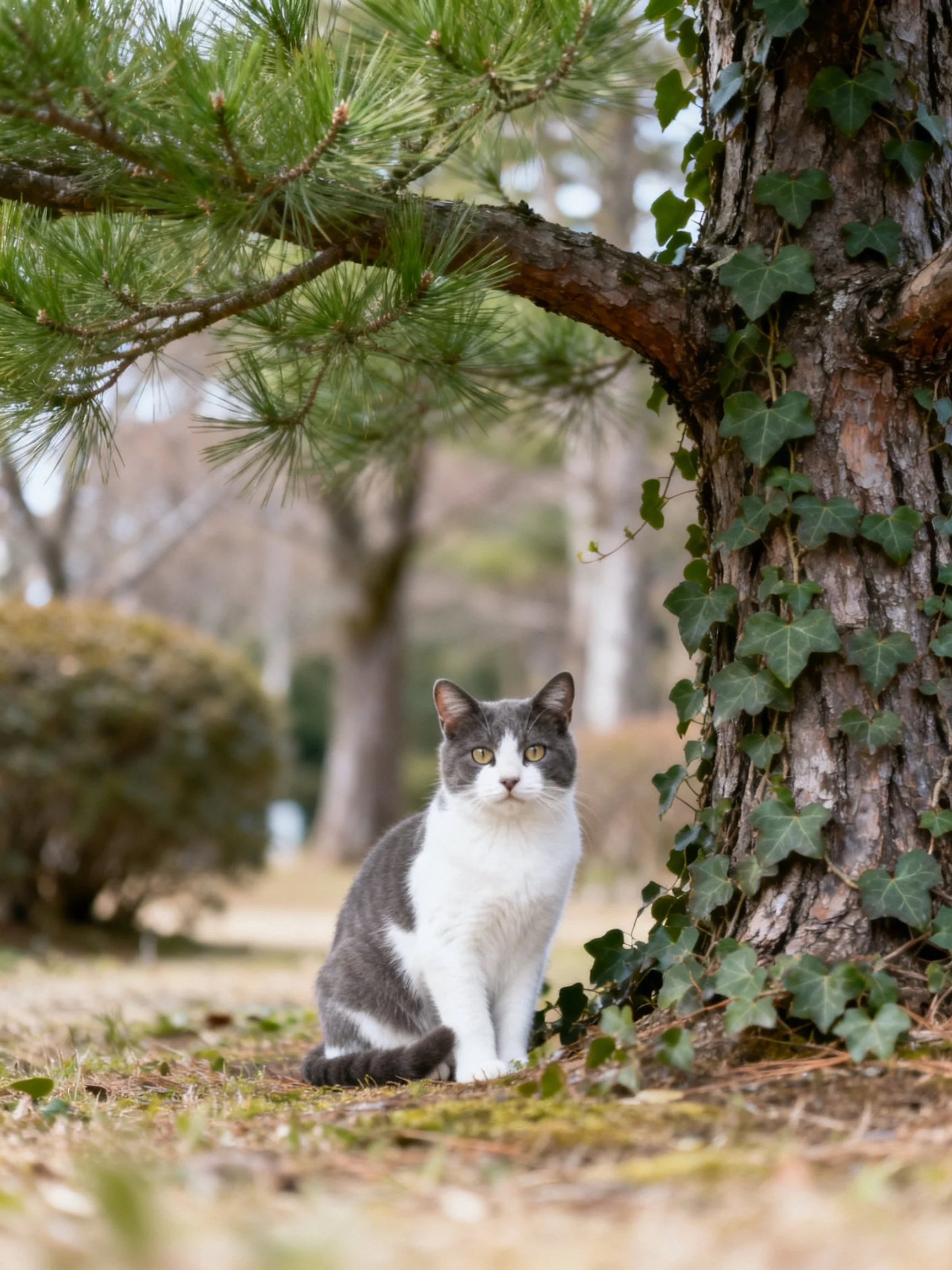 A gray-and-white cat rests near a tree with greenery in an outdoor environment.