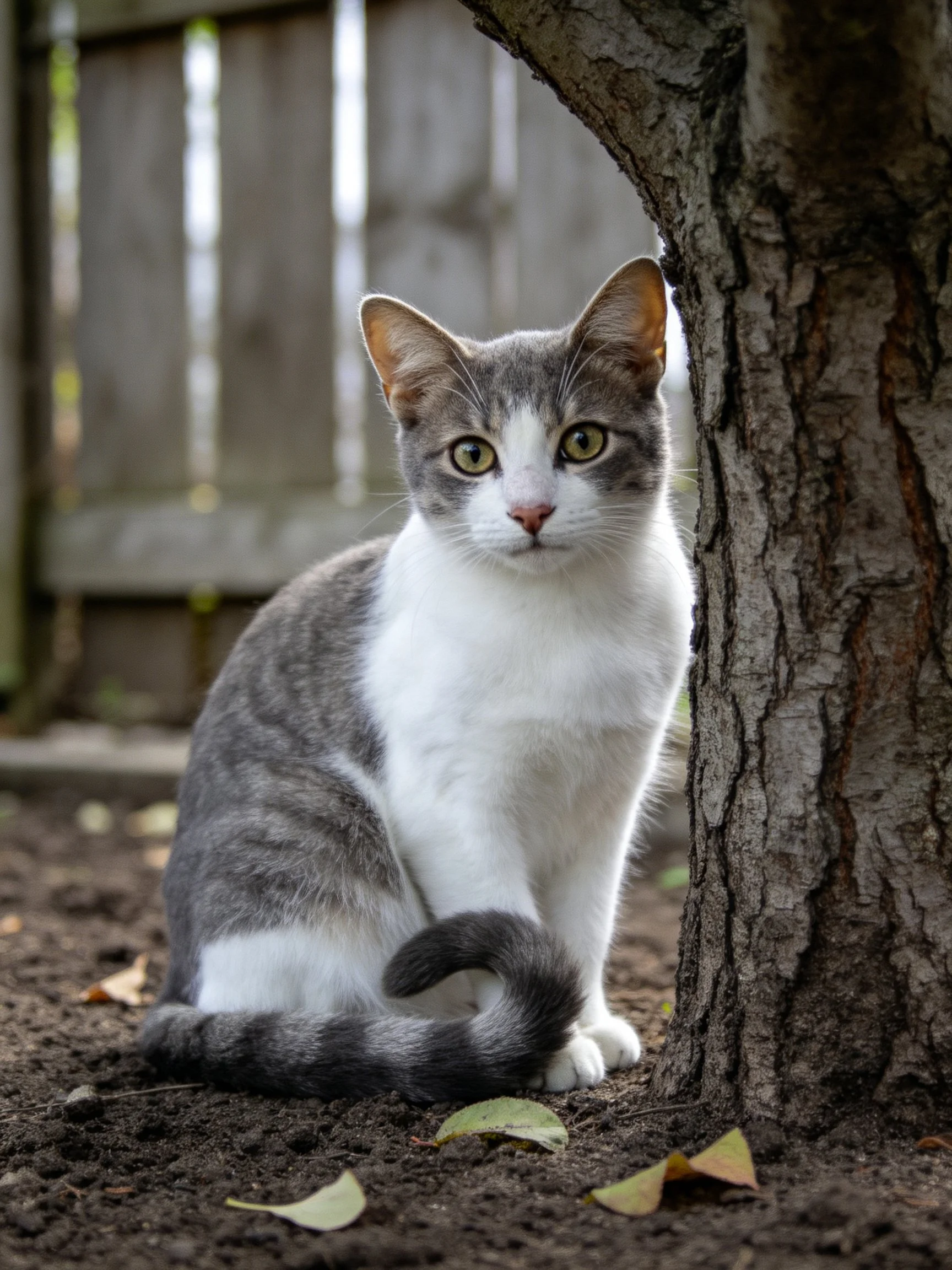 A gray-and-white cat rests near a large tree trunk outdoors.