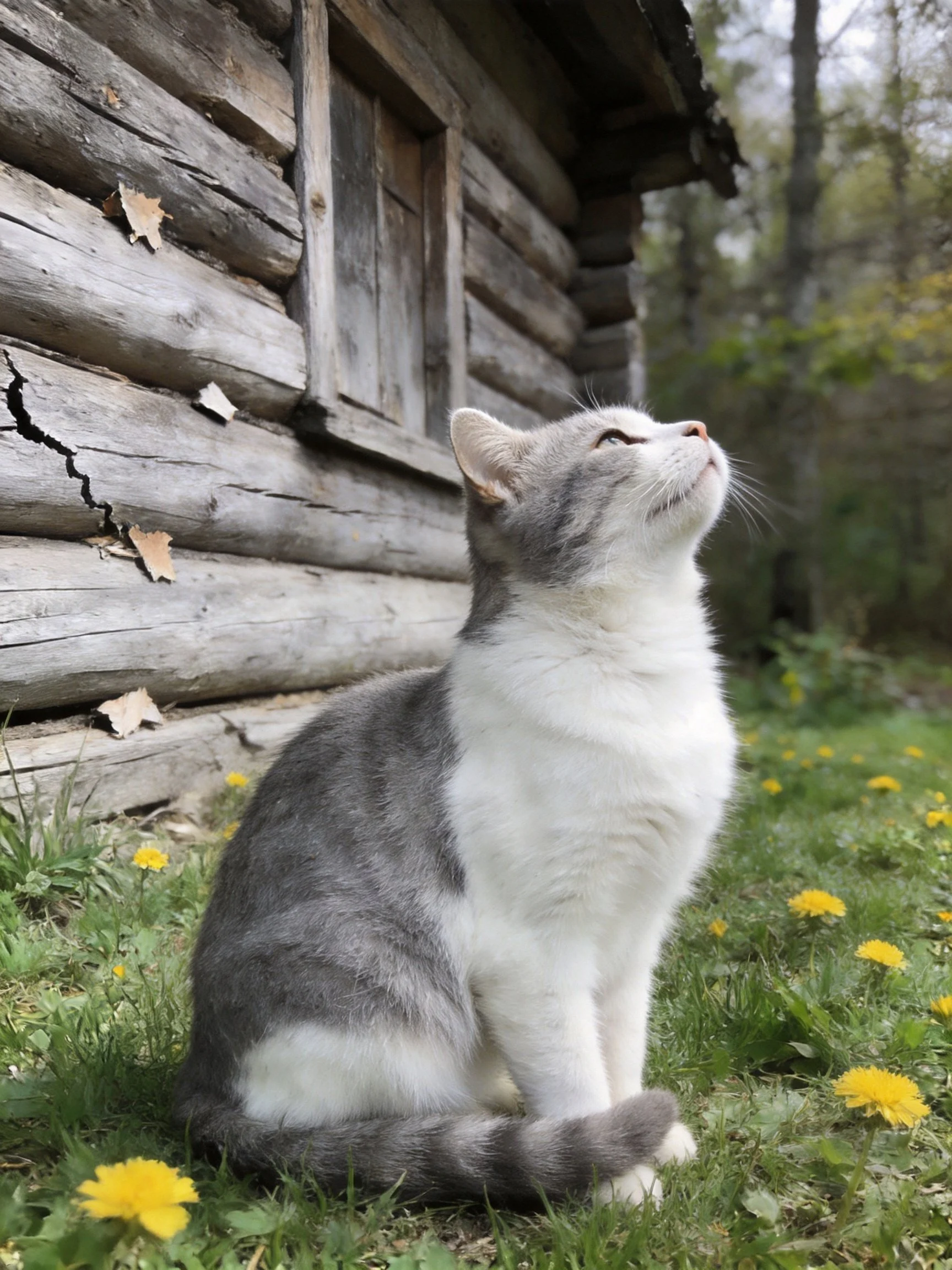 A gray-and-white cat rests outside a weathered log cabin near yellow flowers.