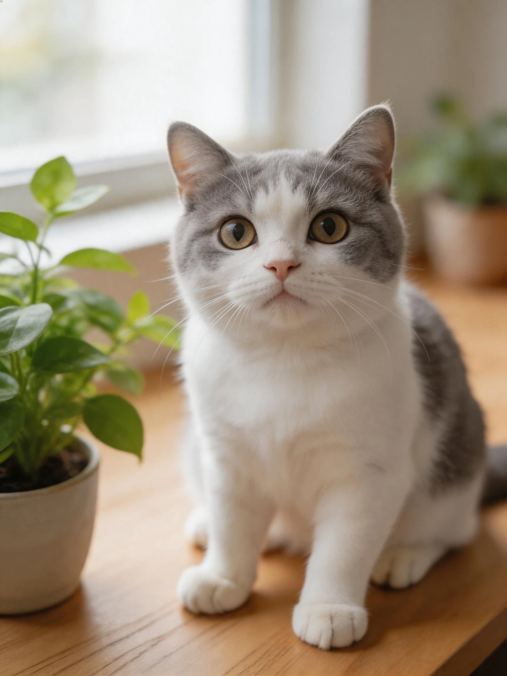 A gray-and-white cat rests near green potted plants on a wooden surface by a bright window