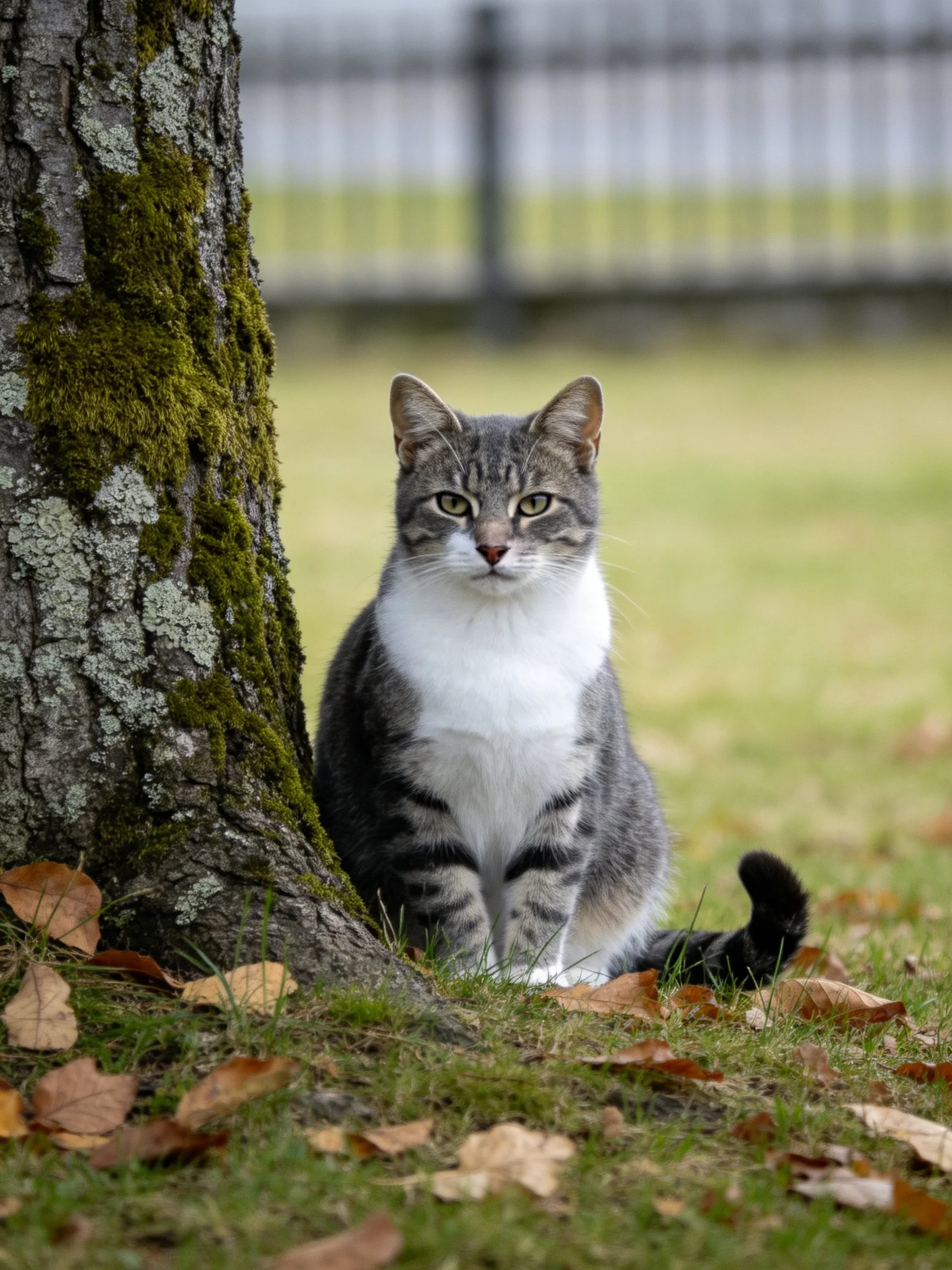 A gray and white cat sits by a moss-covered tree with fallen leaves