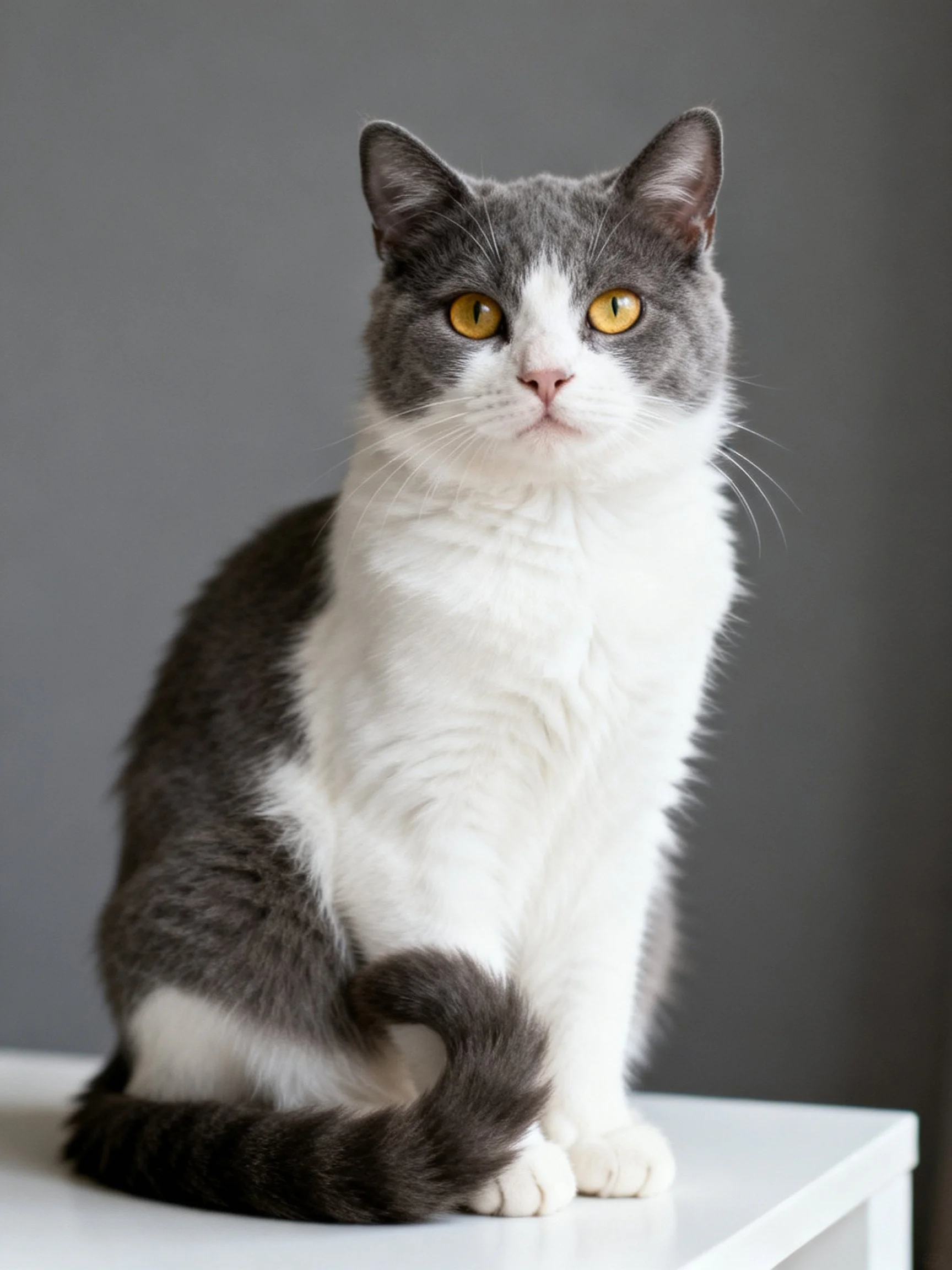 A gray and white cat sits calmly on a white surface