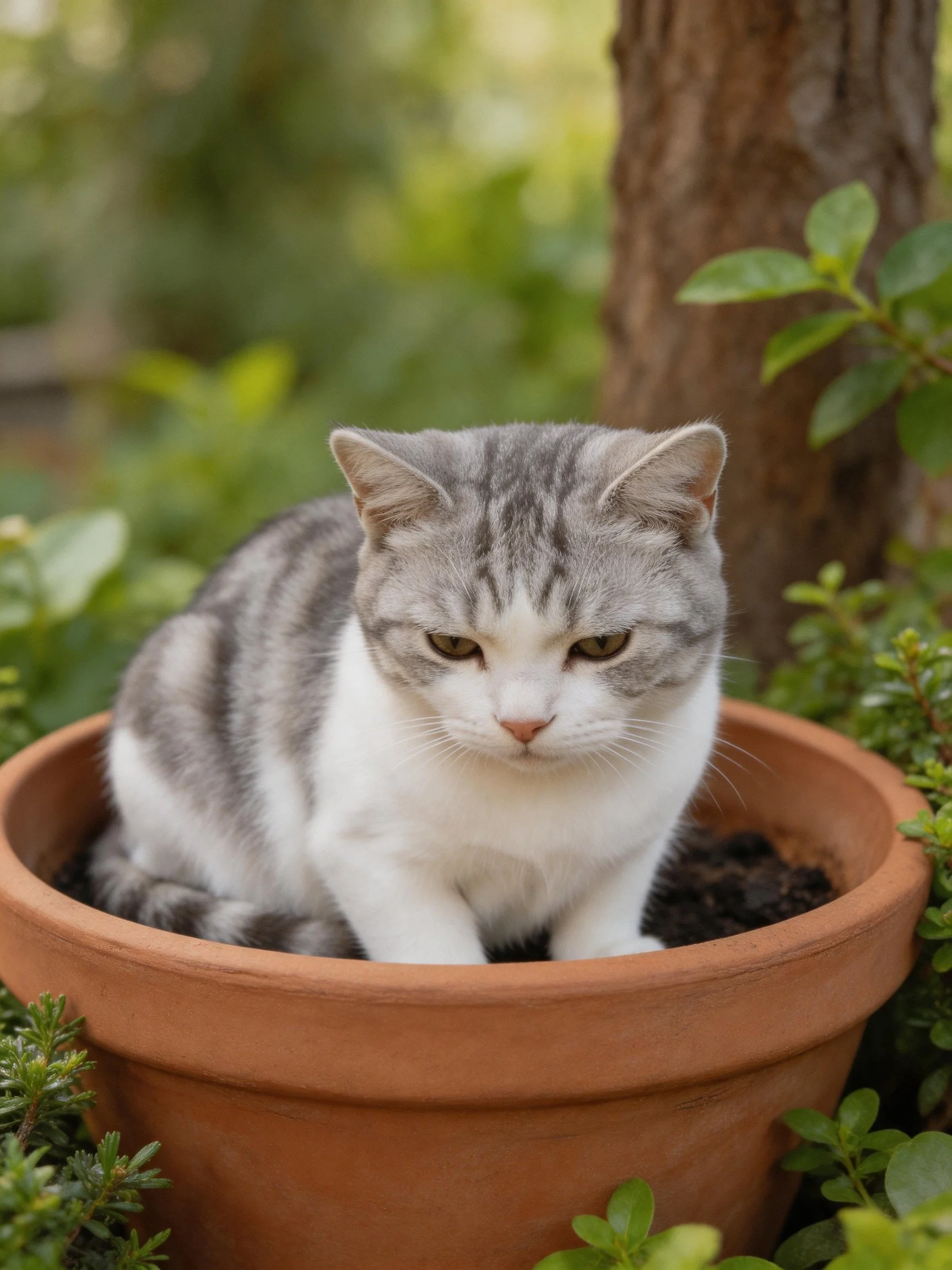 A gray and white cat rests inside a large terracotta pot amid greenery.