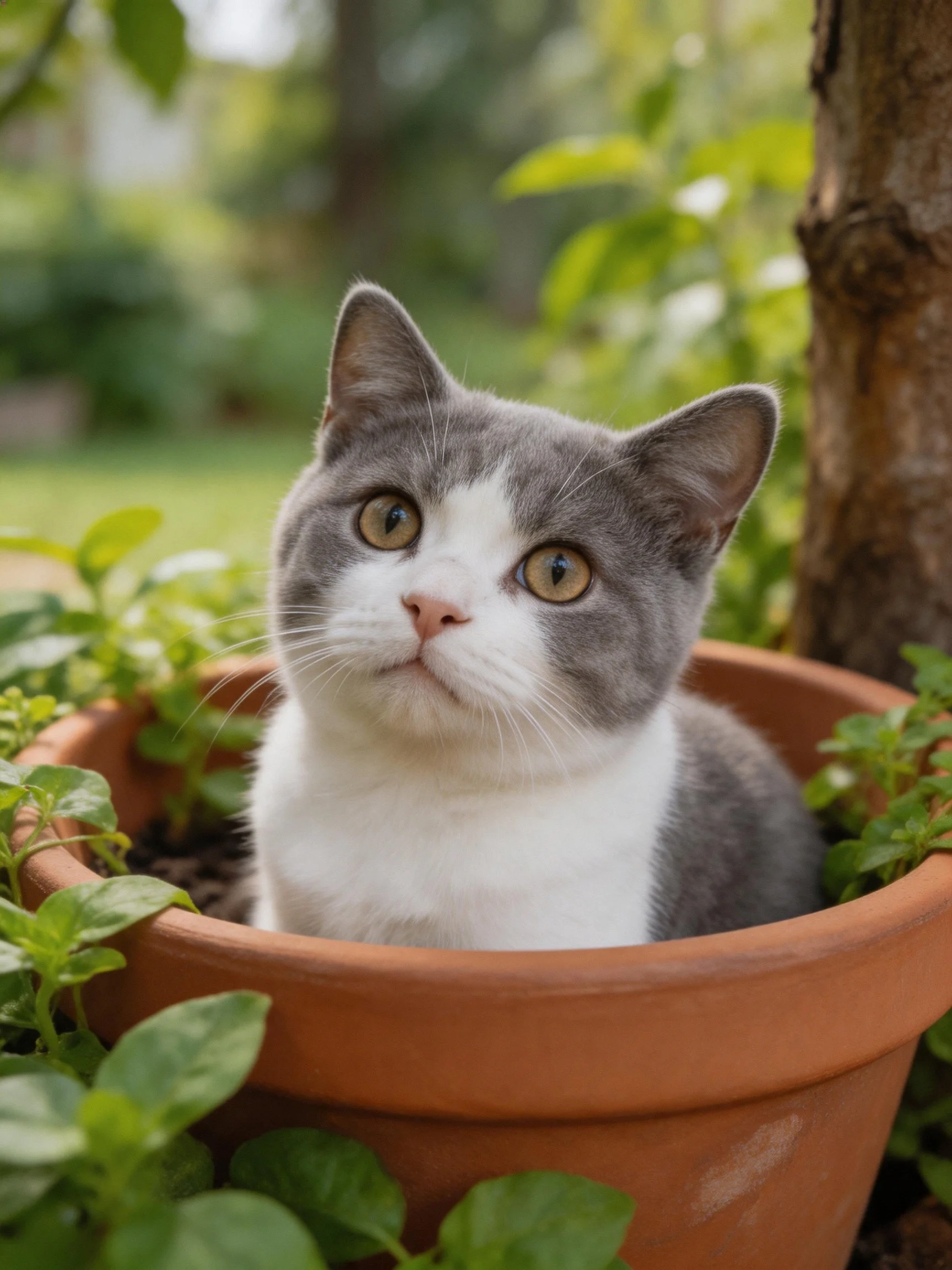 A gray-and-white cat sits in a terracotta pot among lush green plants