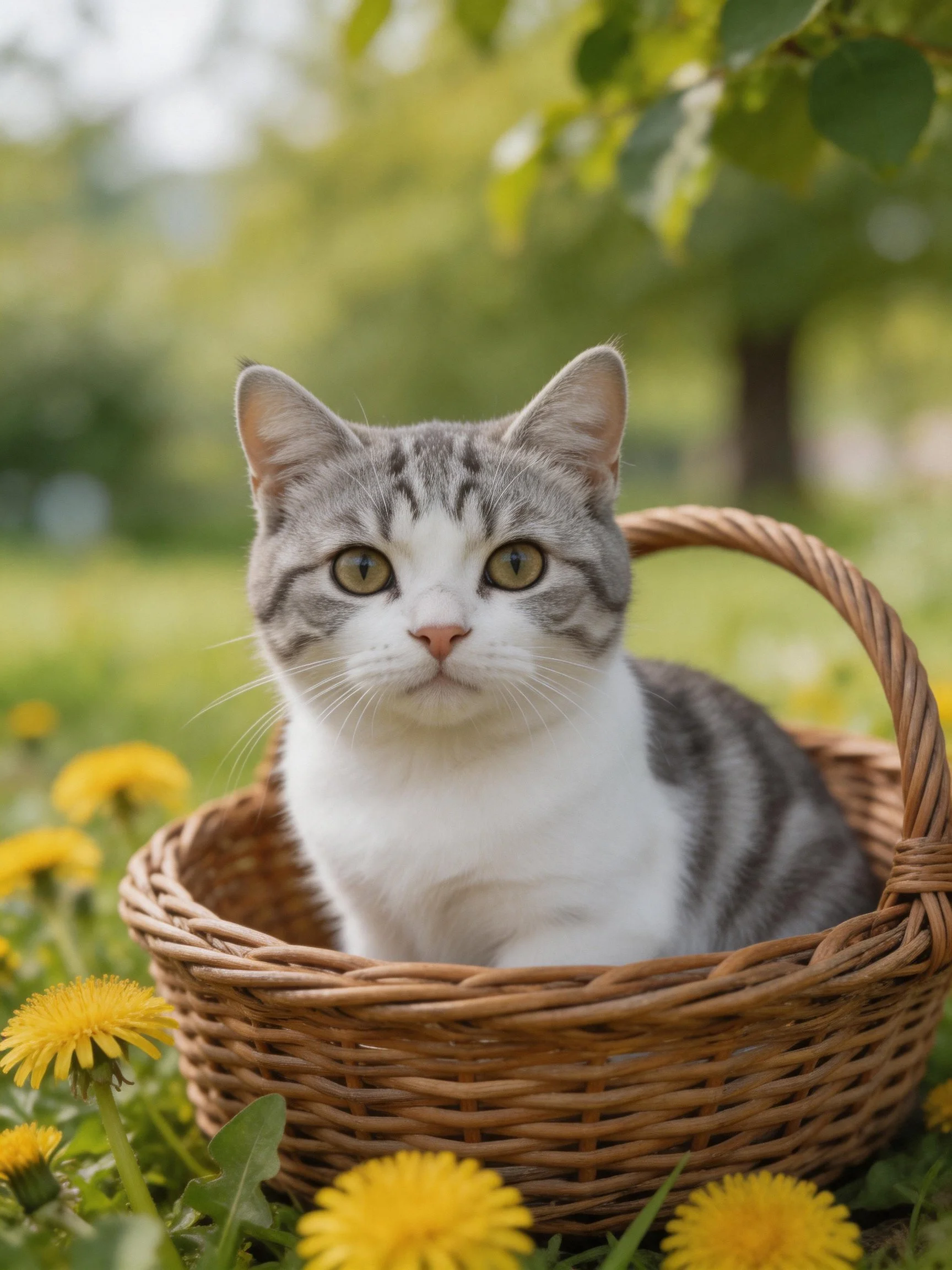 A gray-and-white cat relaxes in a wicker basket near yellow flowers outdoors