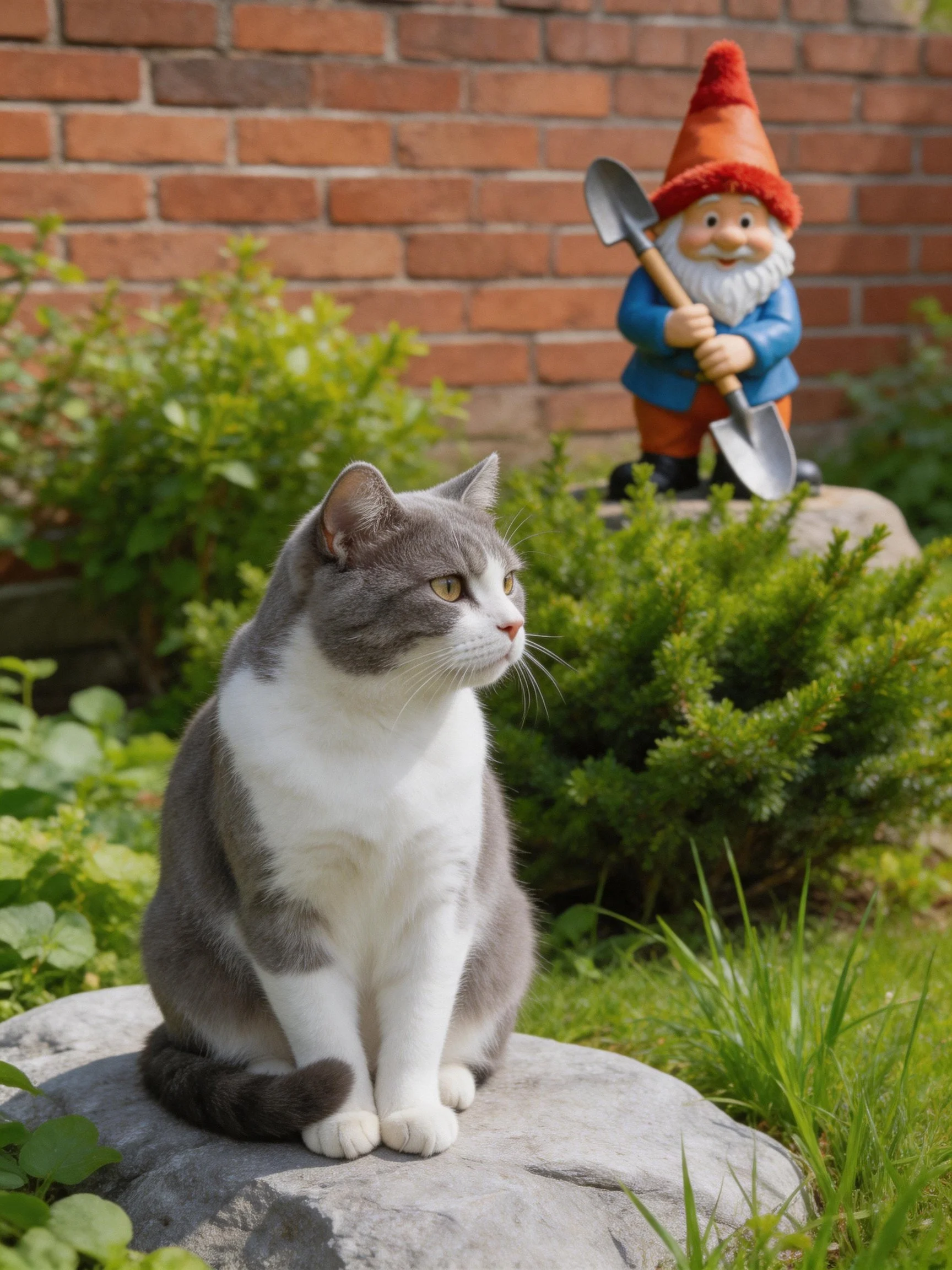 A gray and white cat sits in a garden next to a garden gnome statue.