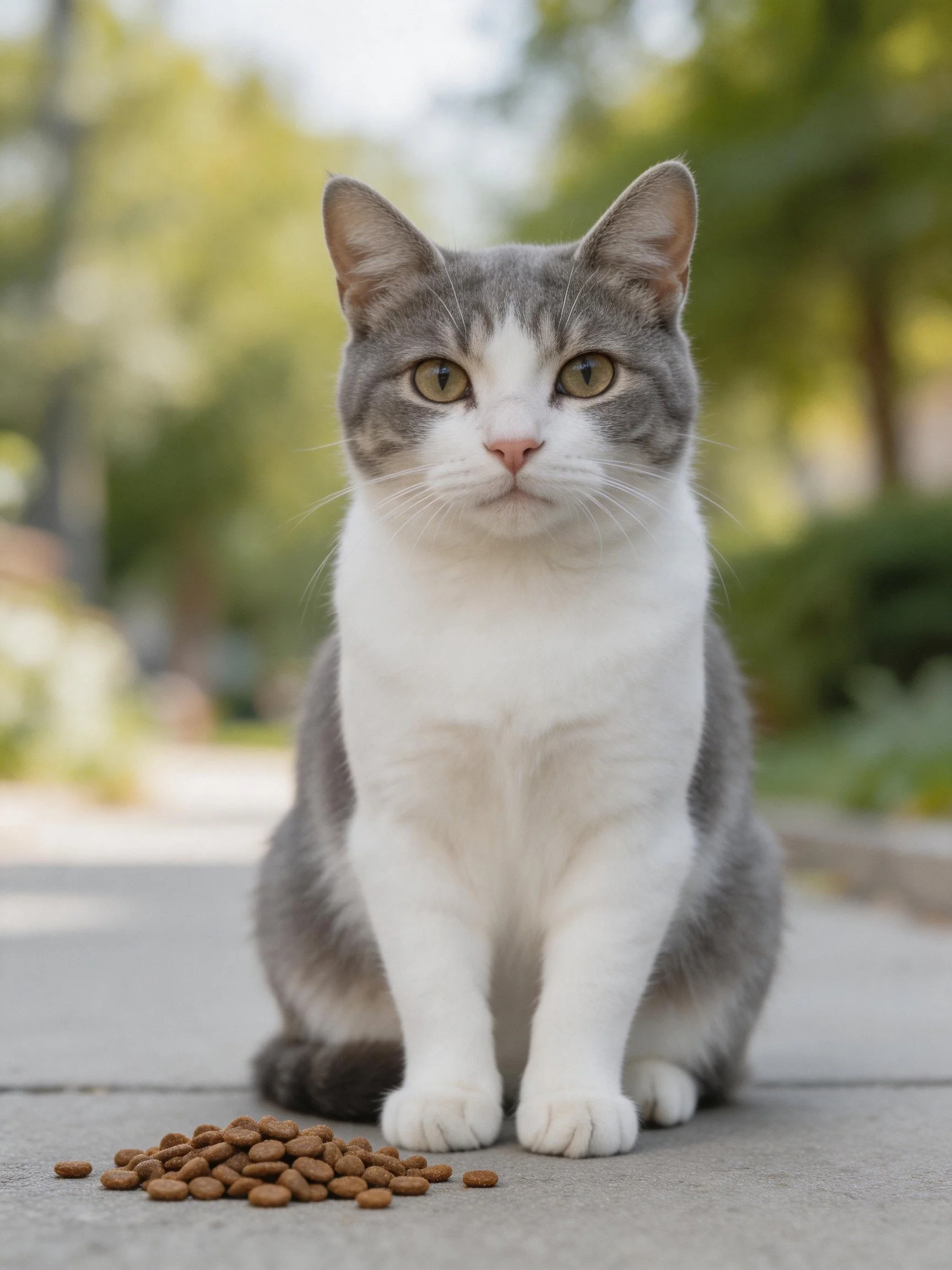 A gray and white cat sits next to brown pet food in an outdoor setting.