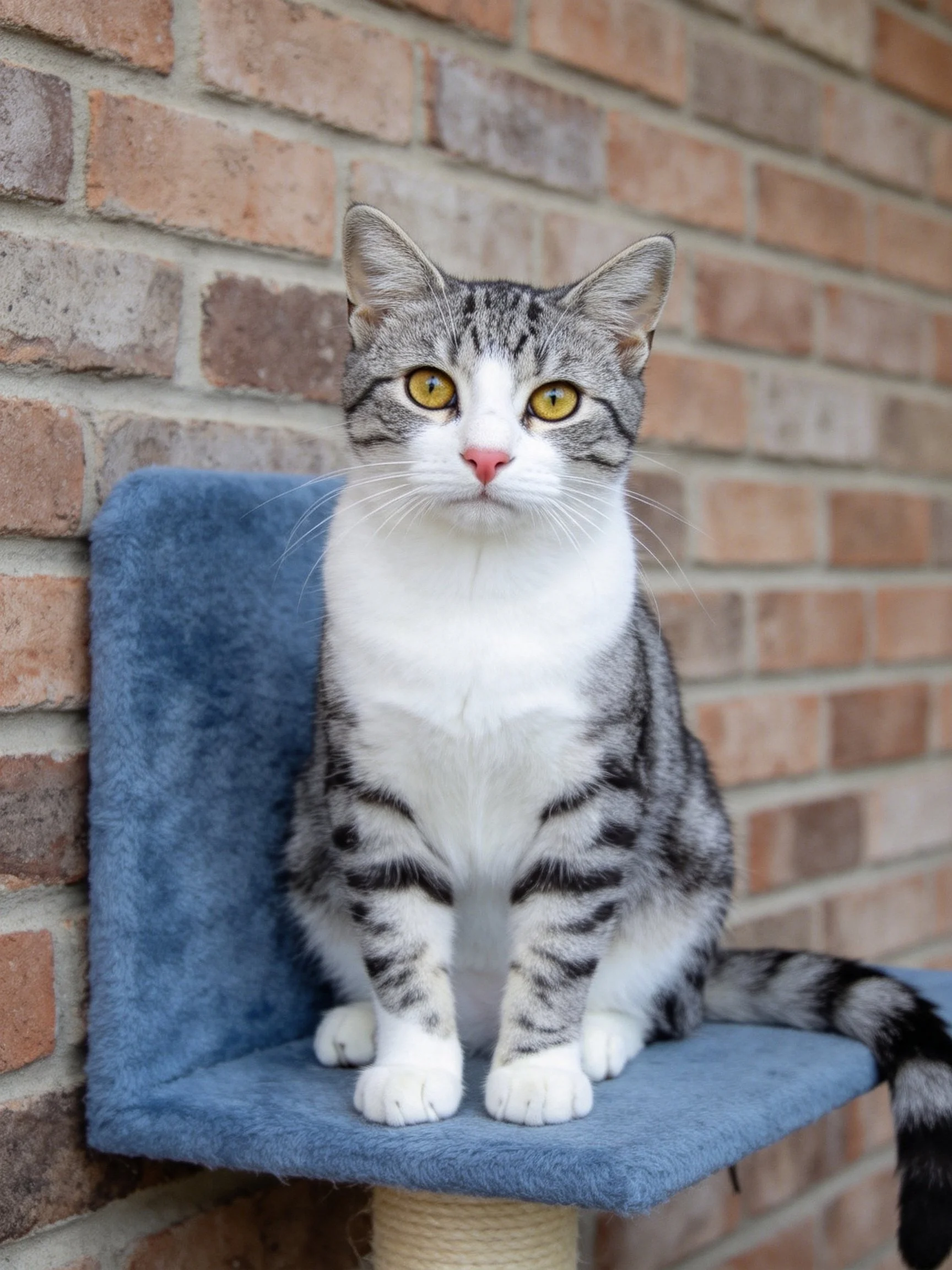 A gray and white cat sits calmly on a blue perch next to a brick wall.