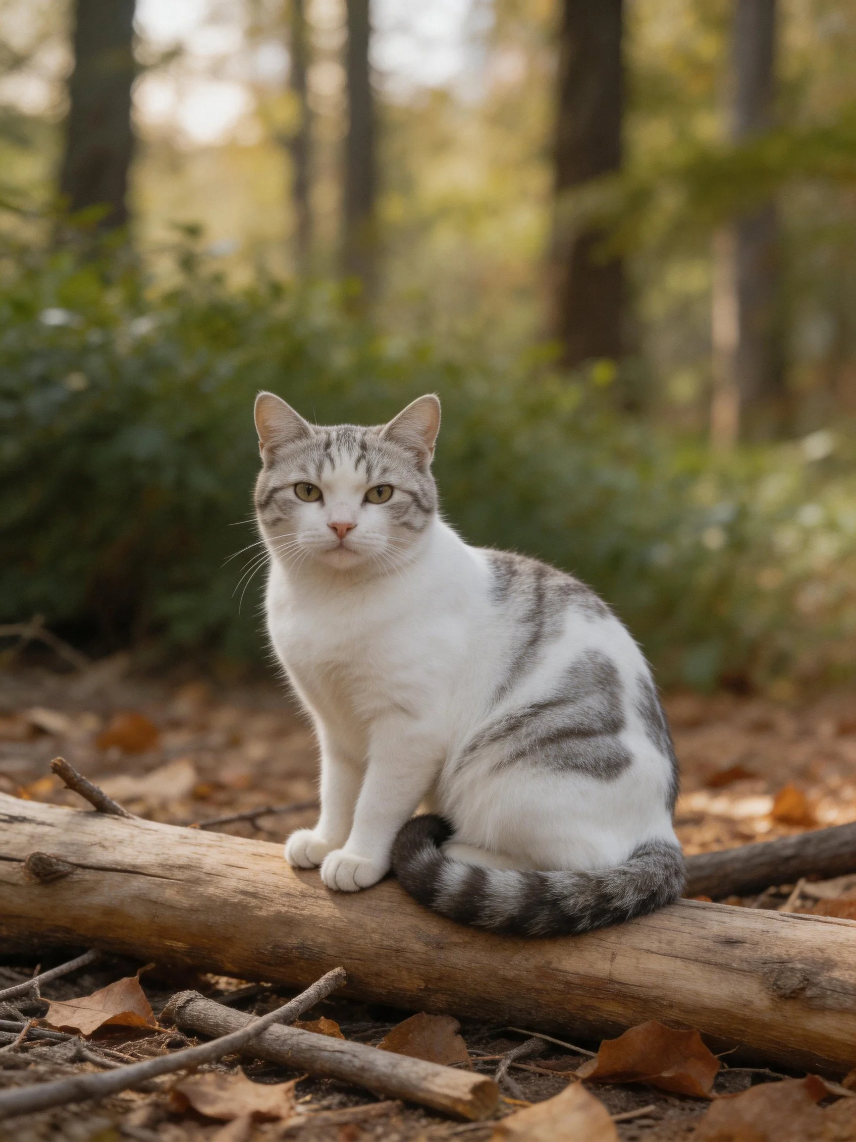 A gray-and-white cat sits on a log in a sun-dappled forest