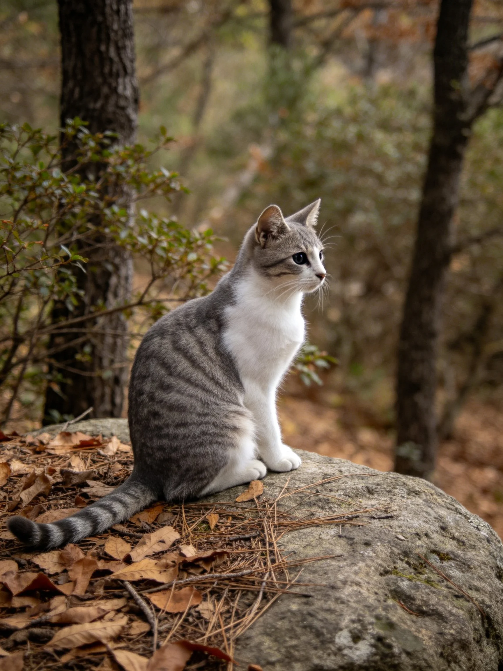 A gray-and-white cat sits on a moss-covered rock in autumn woods