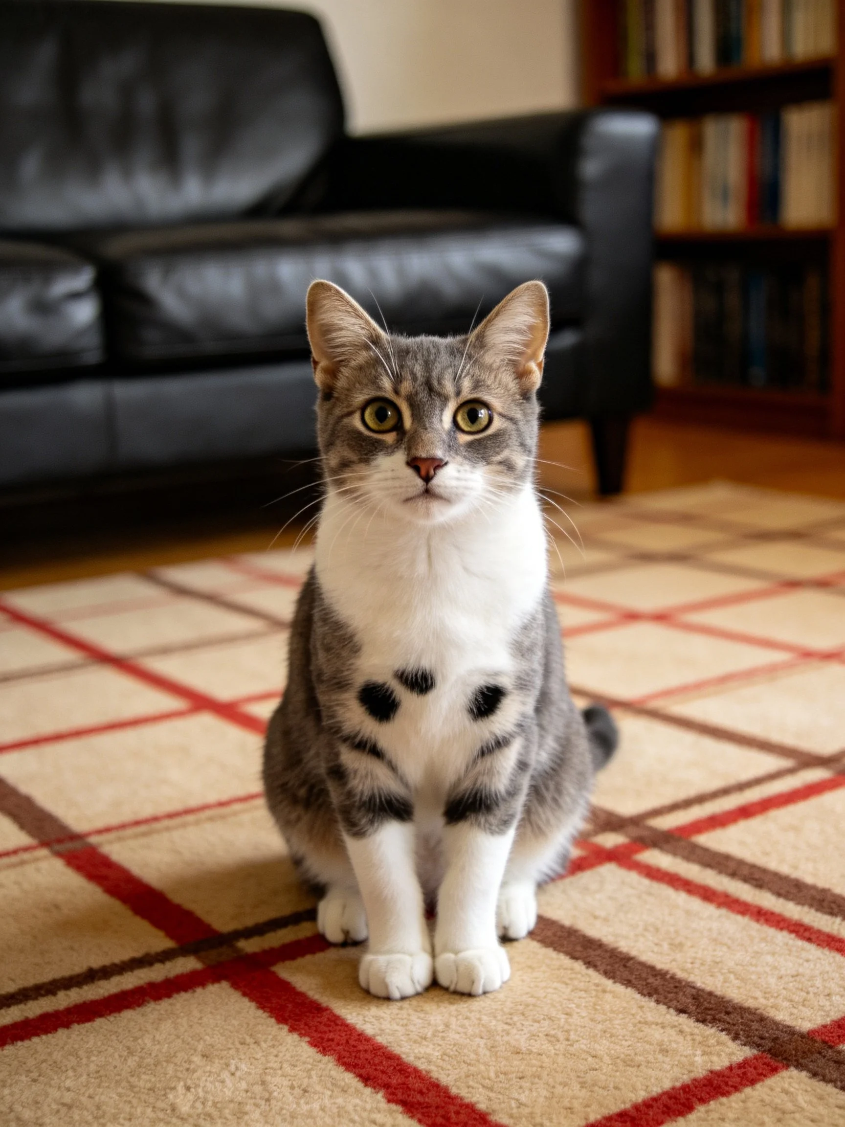 A gray and white cat sits on a patterned rug near a black leather sofa