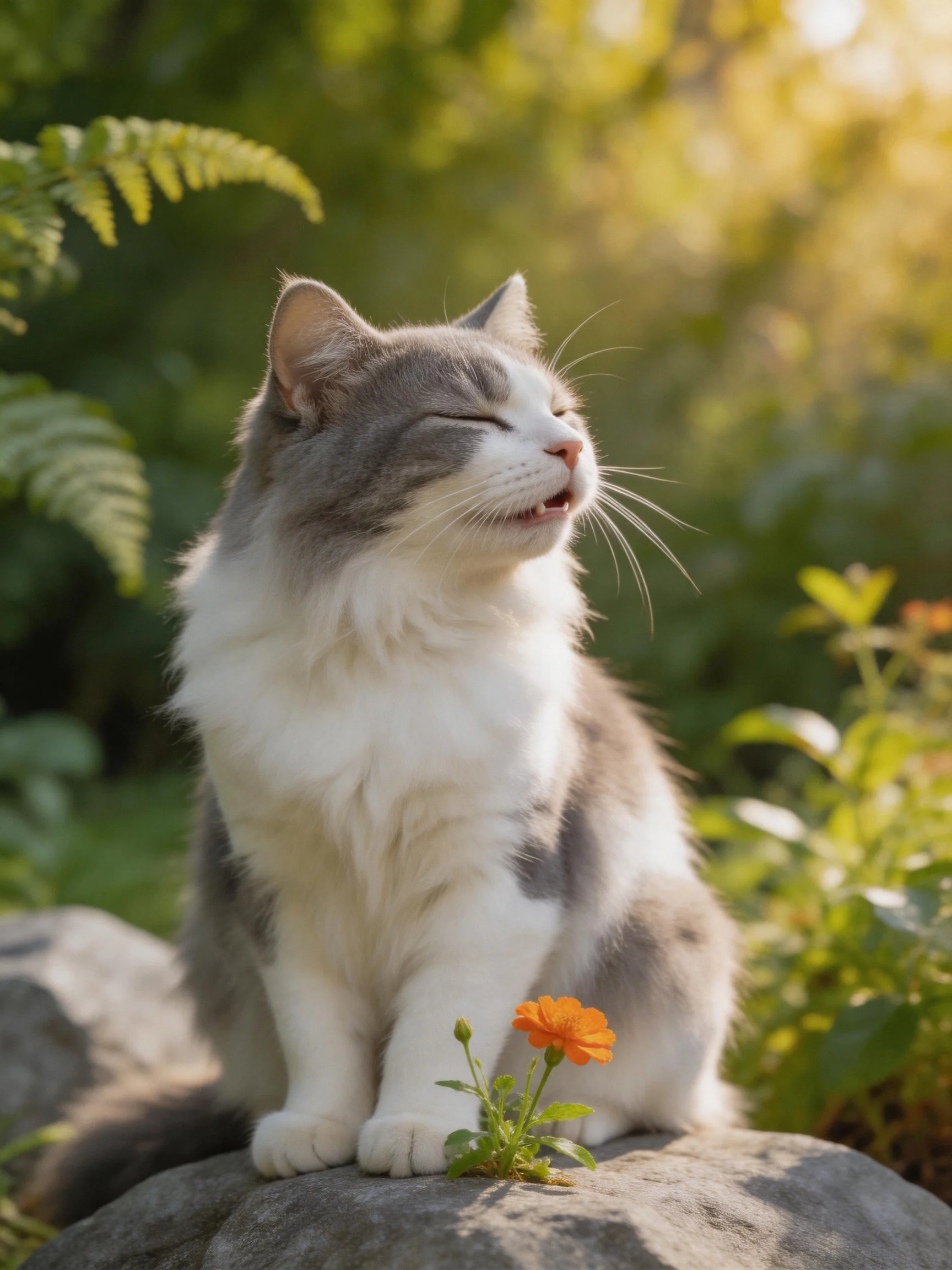 A gray-and-white cat sits on a rock near an orange flower