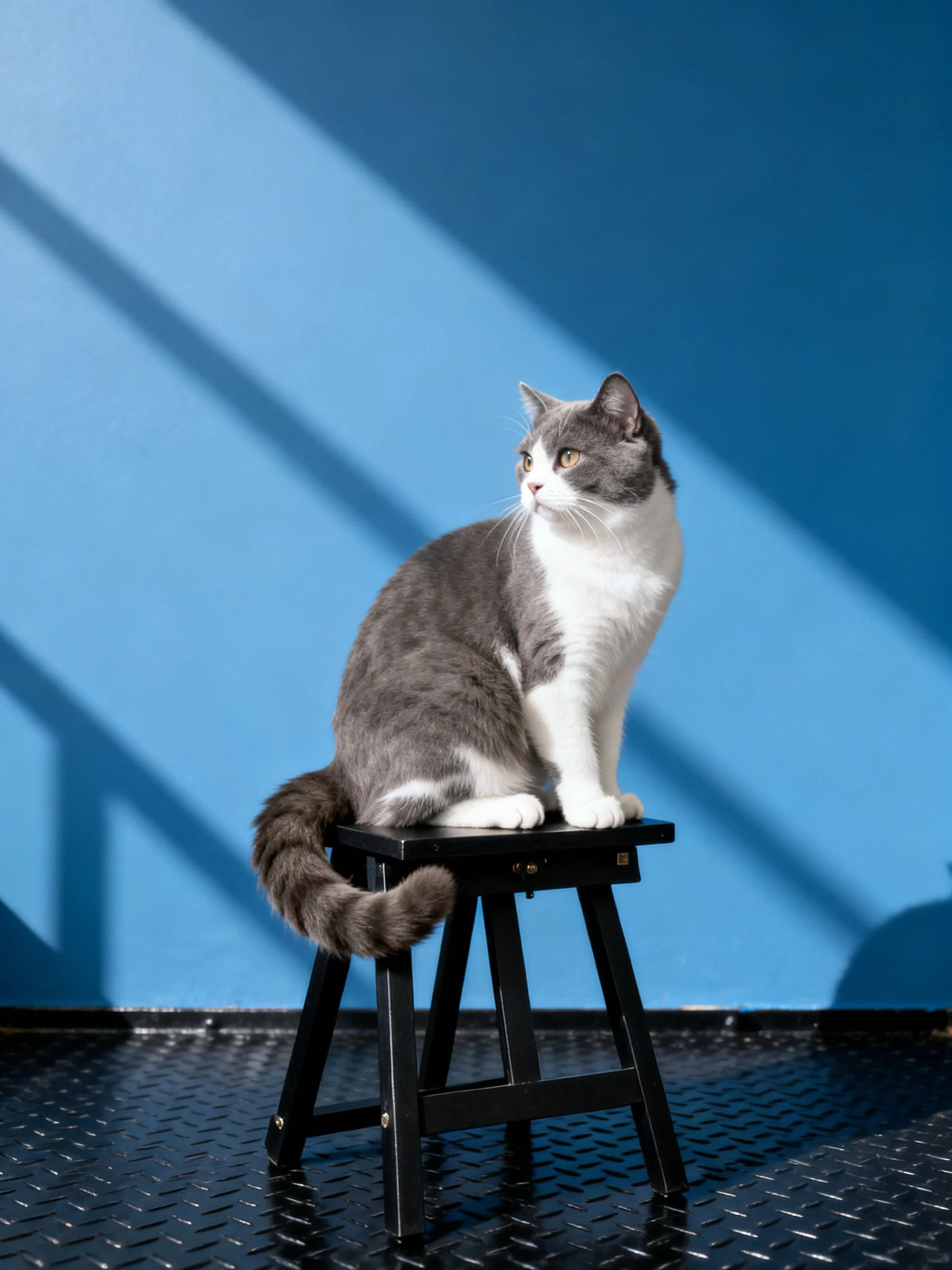A gray and white cat sits on a small black stool beside a bright blue wall.