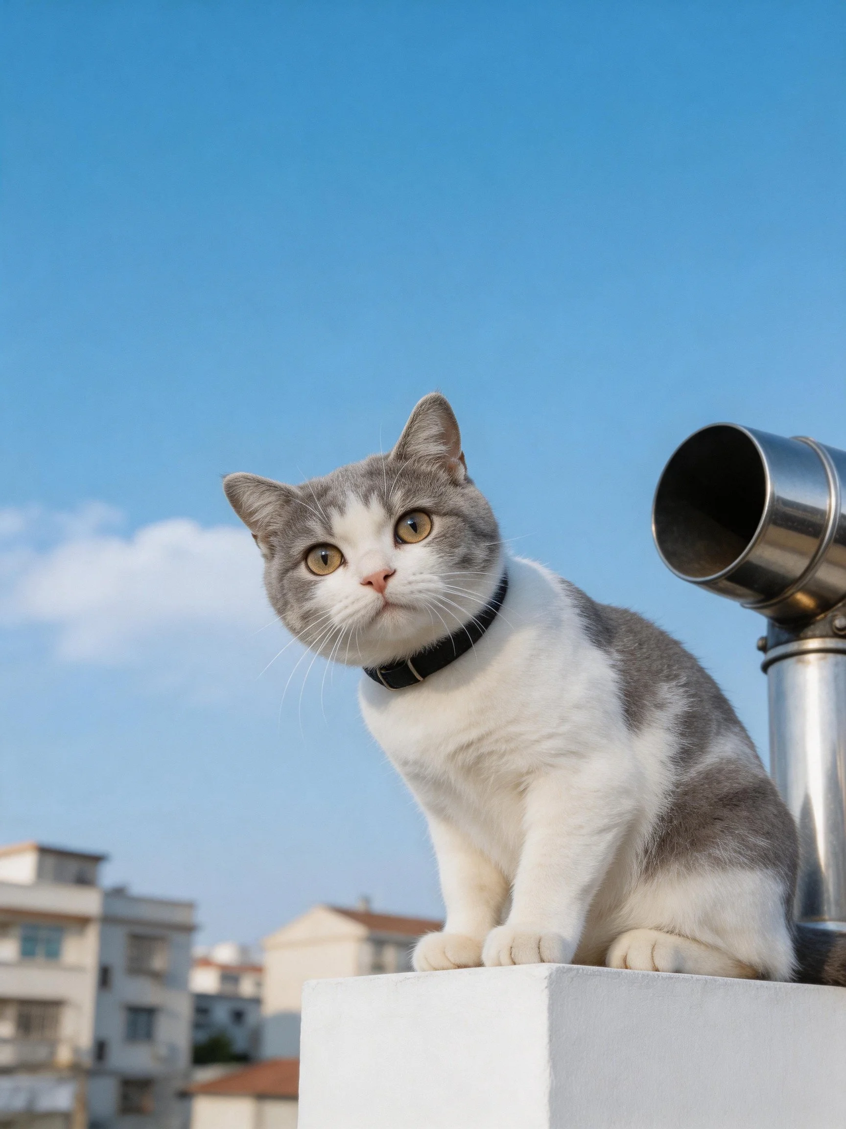 A gray and white cat sits on a white block near metallic equipment under a clear blue sky