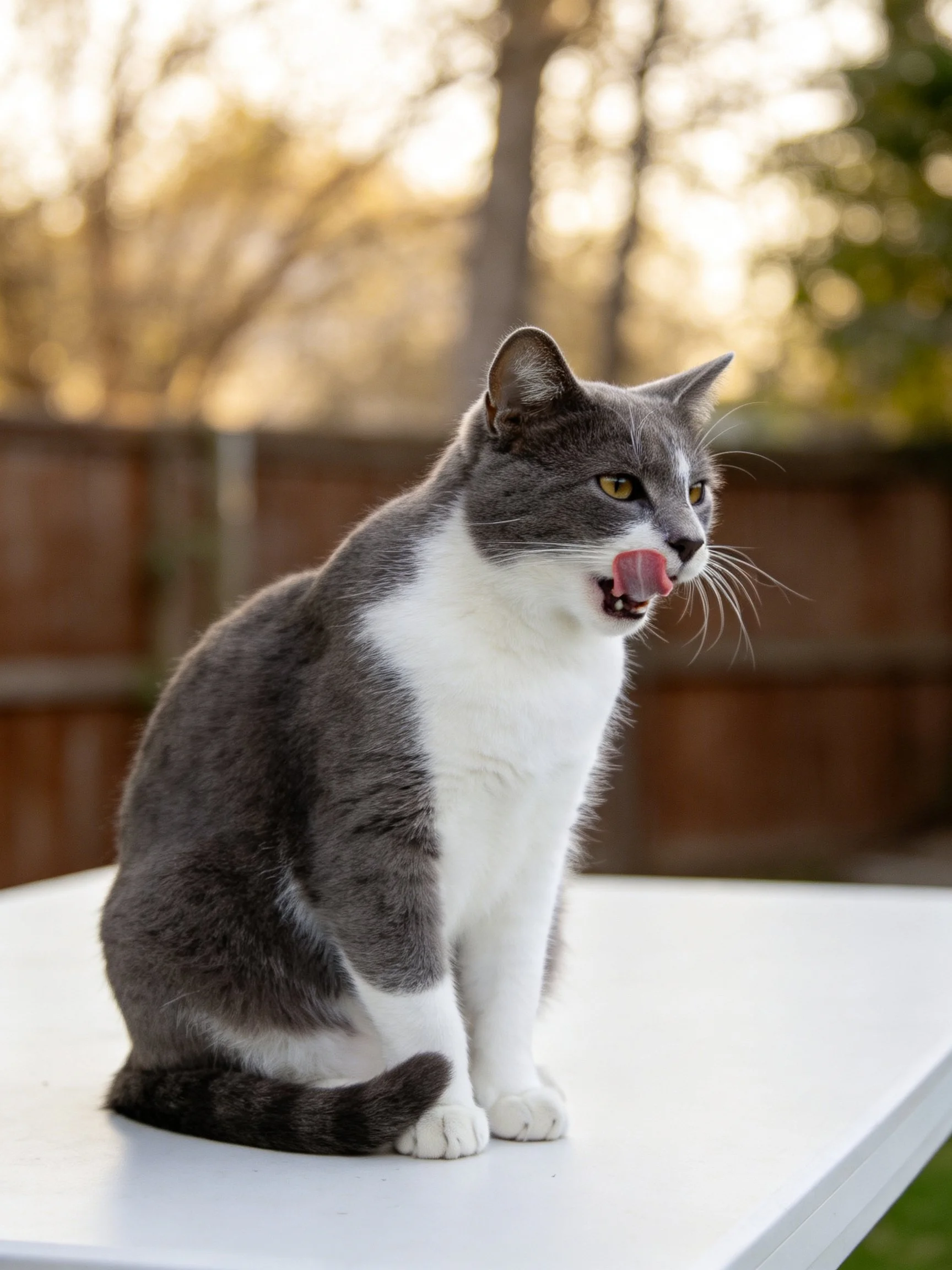 A gray and white cat sits on a white surface in an outdoor setting