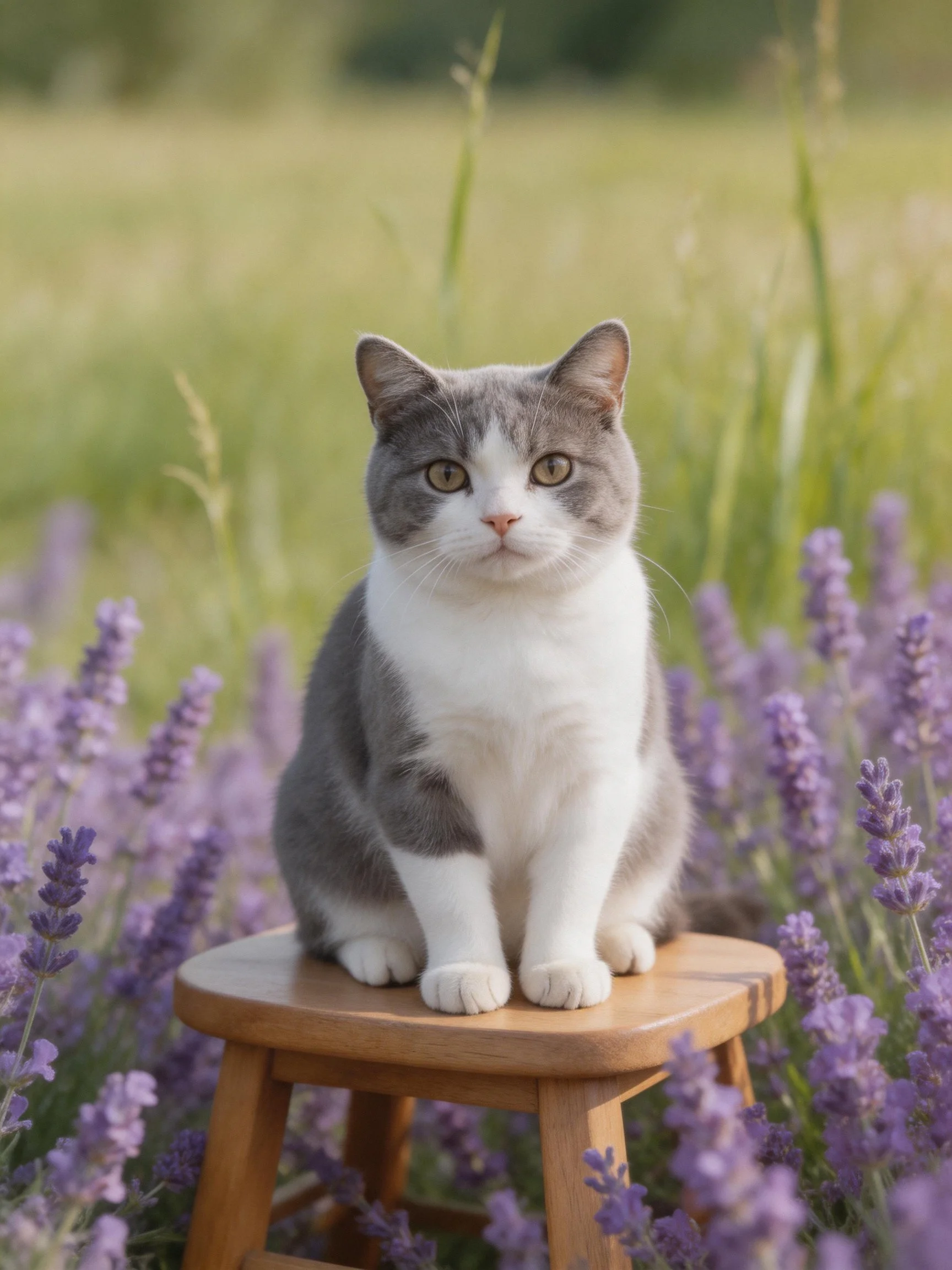A gray-and-white cat sits on a wooden stool surrounded by lavender flowers in a sunlit outdoor setting.