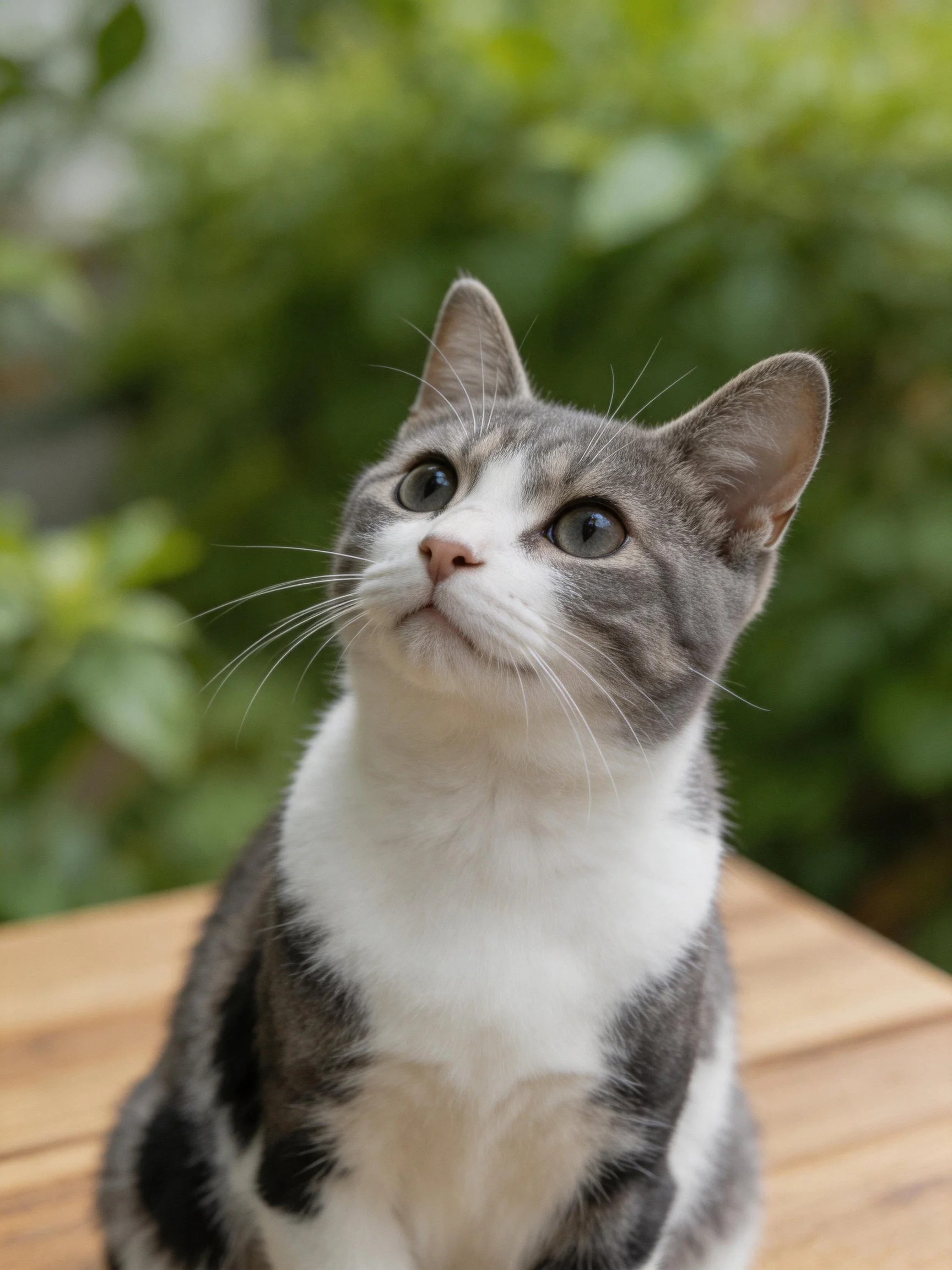 A gray and white cat looks upward while sitting on a wooden surface near greenery