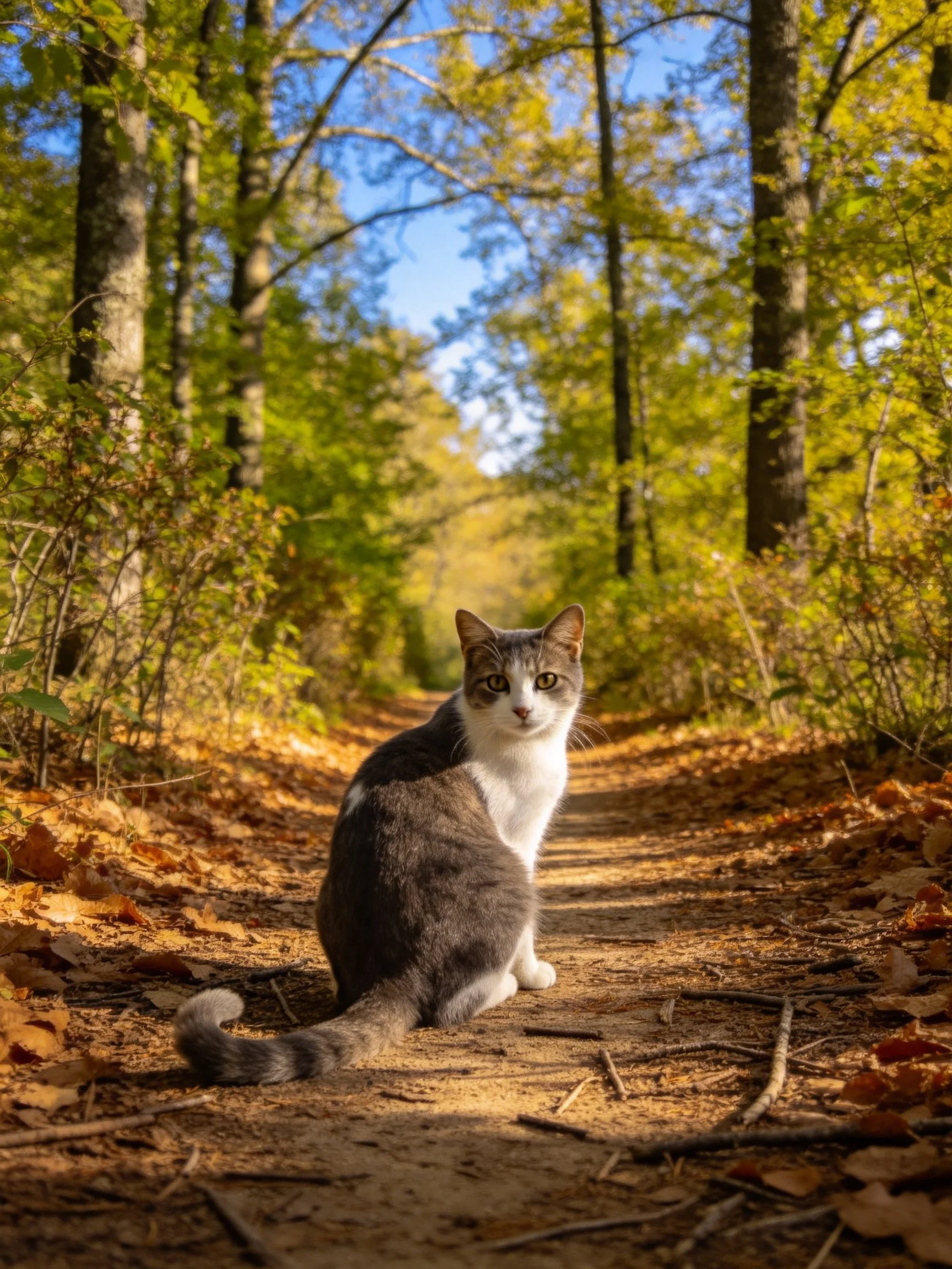 A gray-and-white cat rests on a sunlit dirt path surrounded by autumn foliage