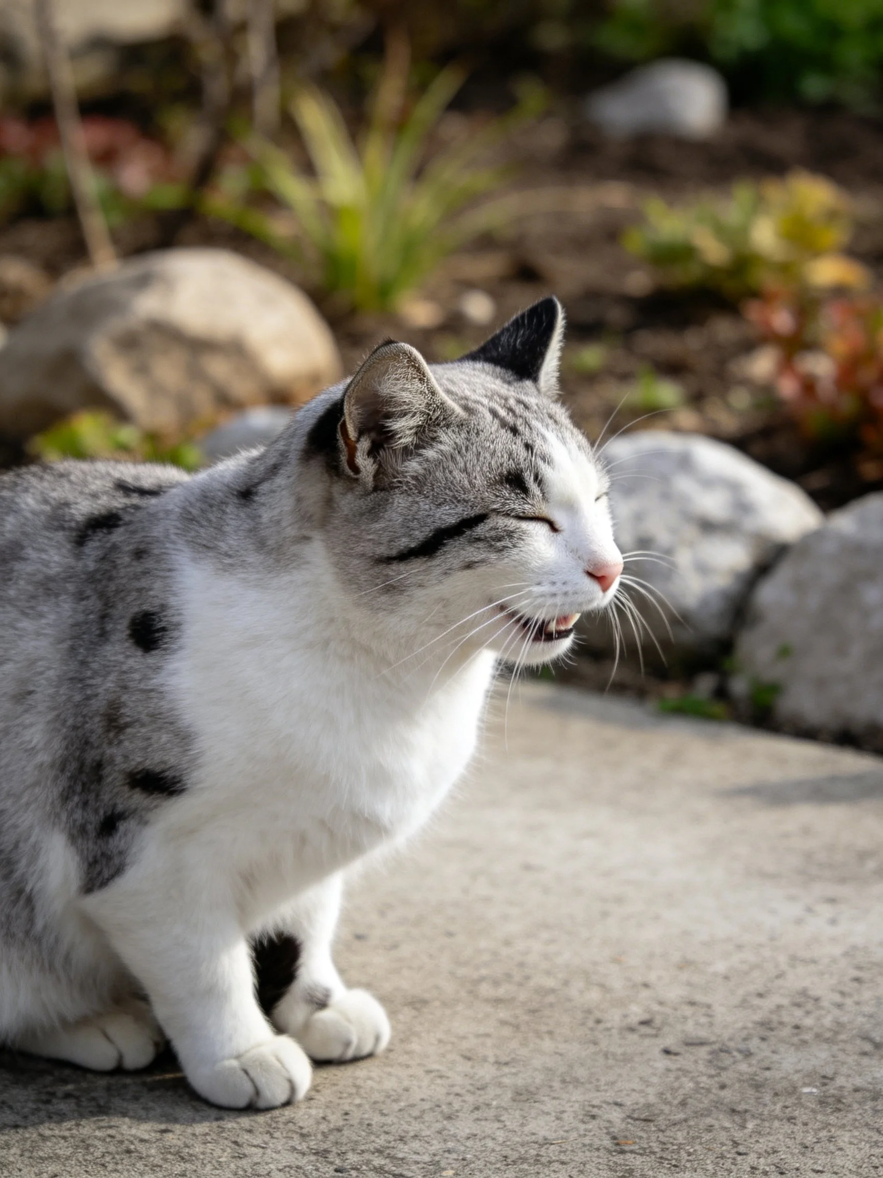 A gray and white cat sits on concrete near rocks and plants