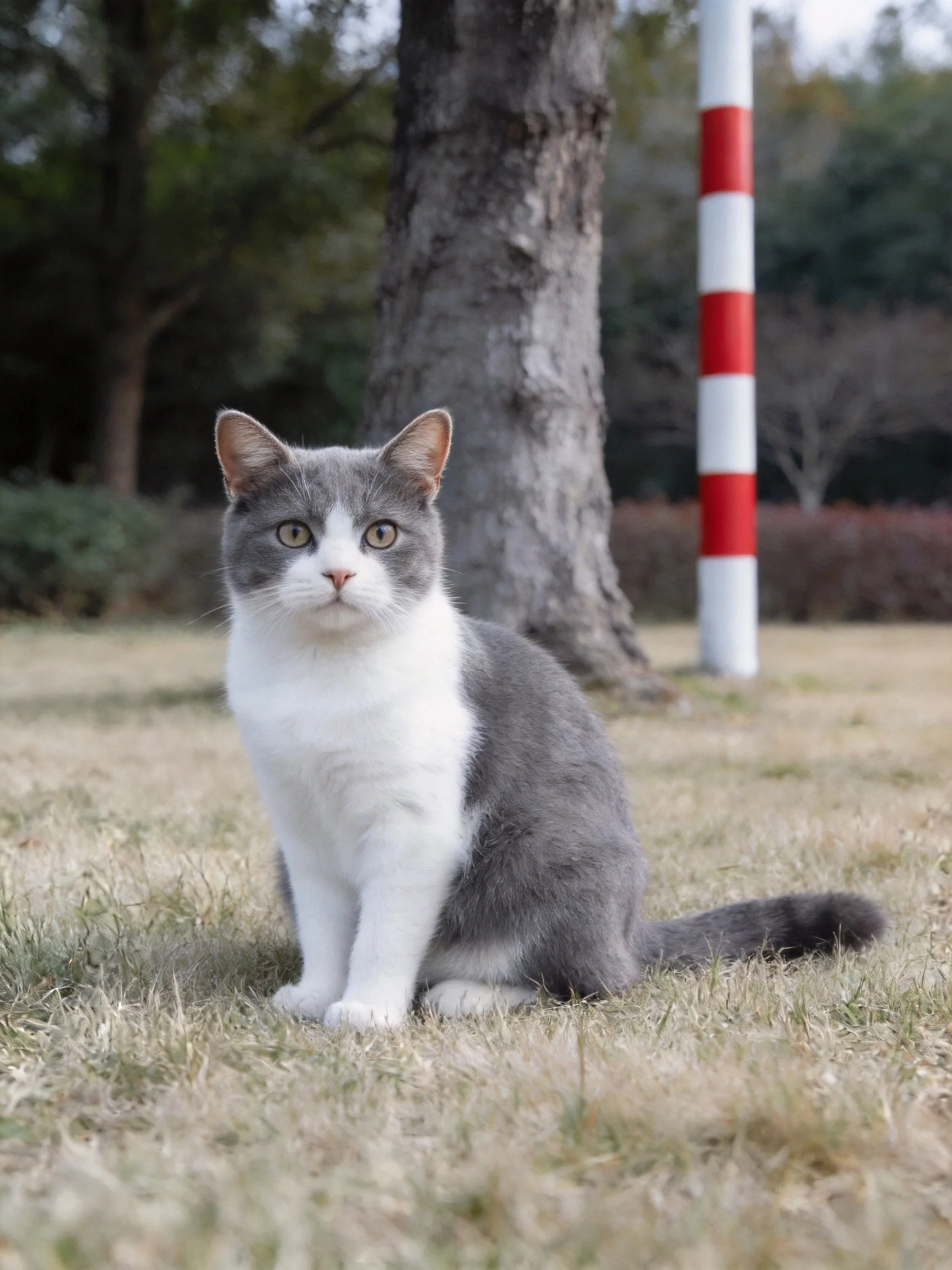 A gray and white cat sits on dry grass near a large tree