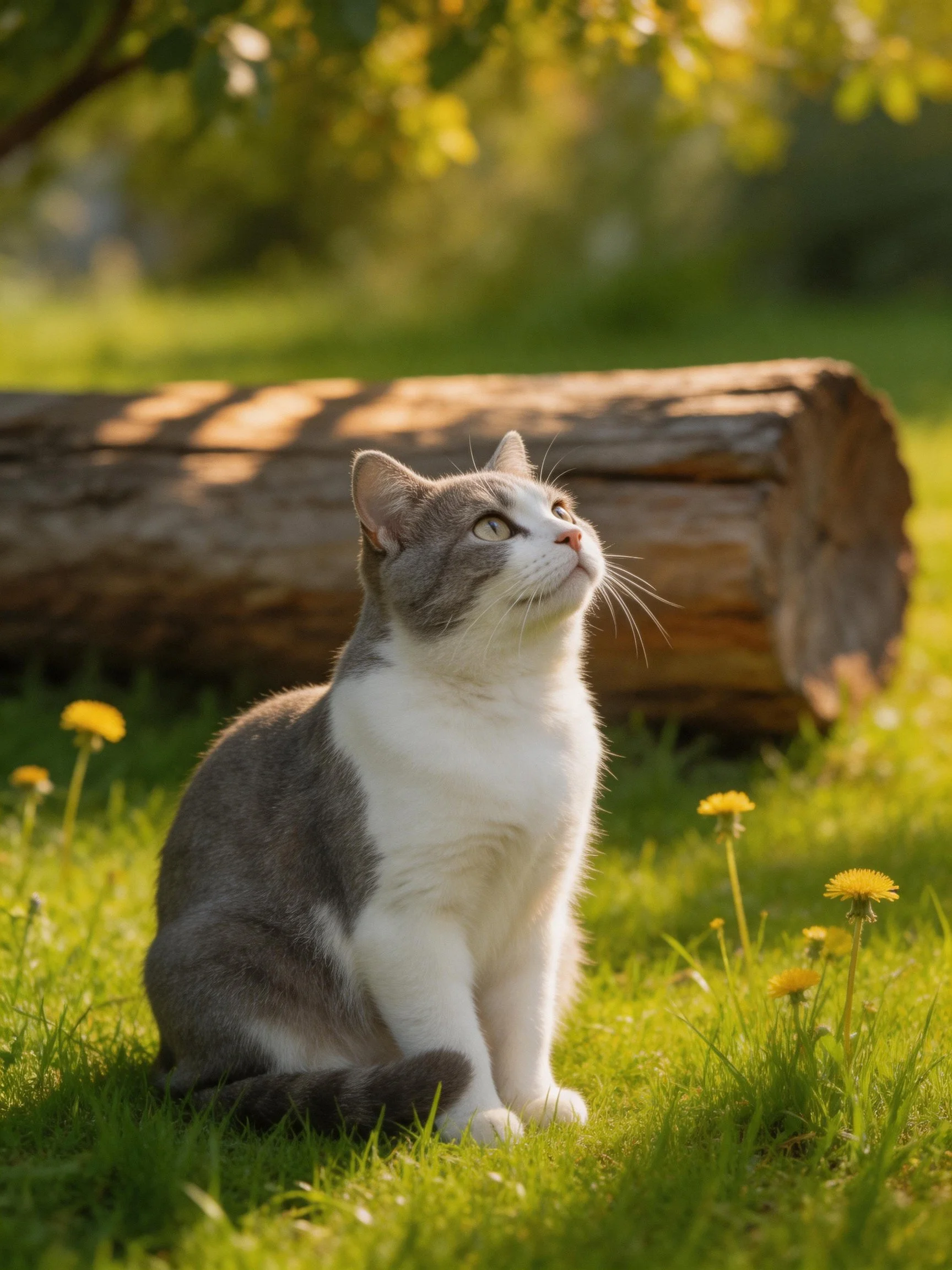 A gray-and-white cat gazes upward on a sunlit grassy spot with a log and flowers nearby.