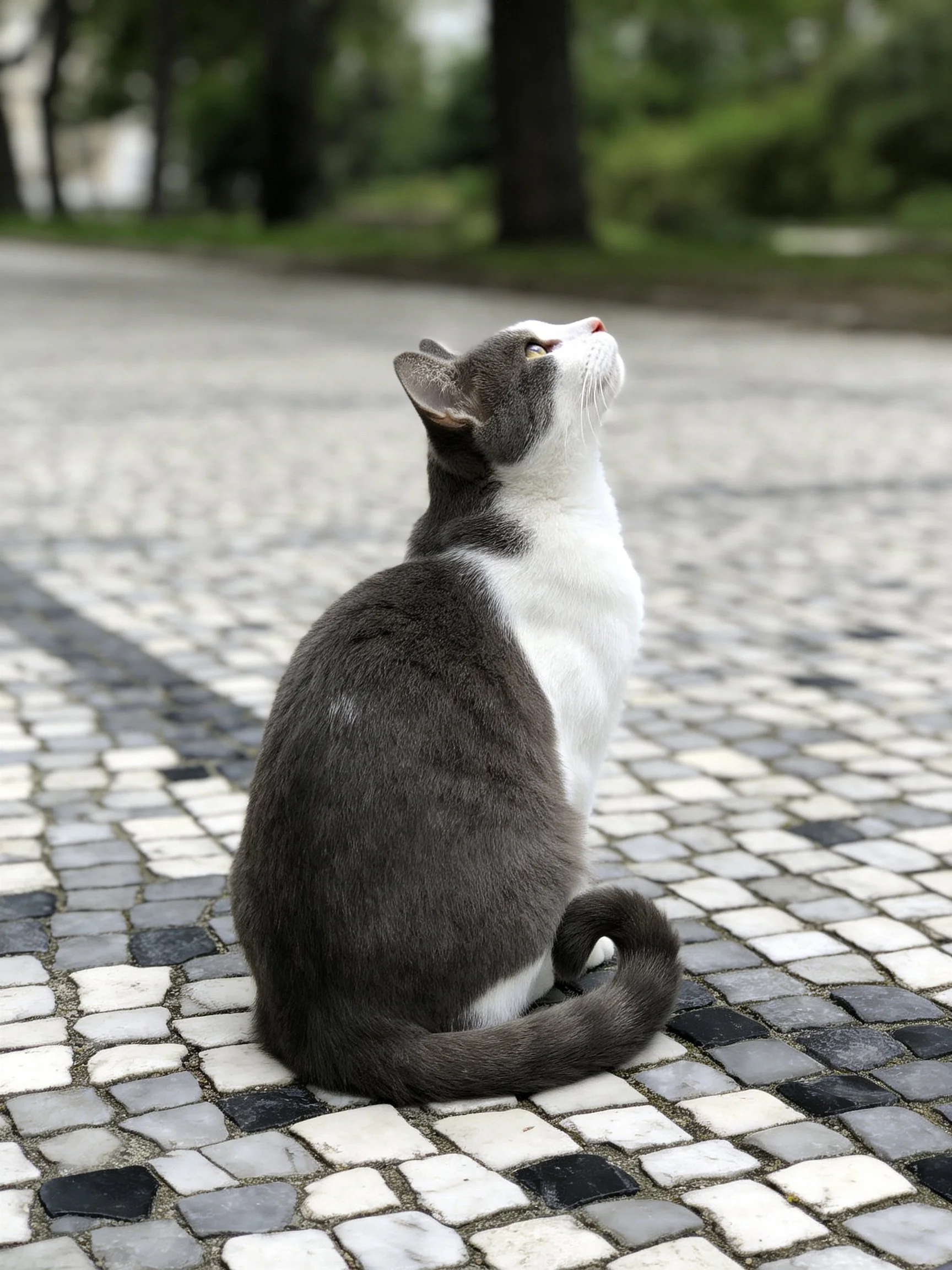 A gray and white cat sits on mosaic cobblestones, gazing upward