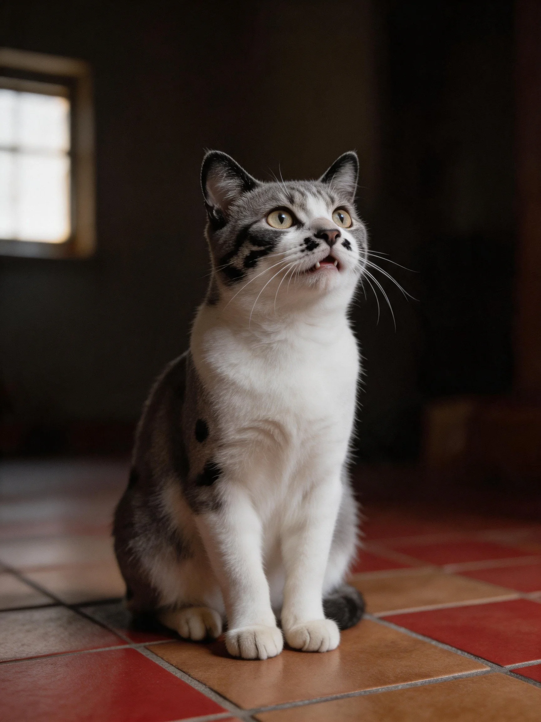 A gray and white cat sits on multicolored tiles, gazing upward