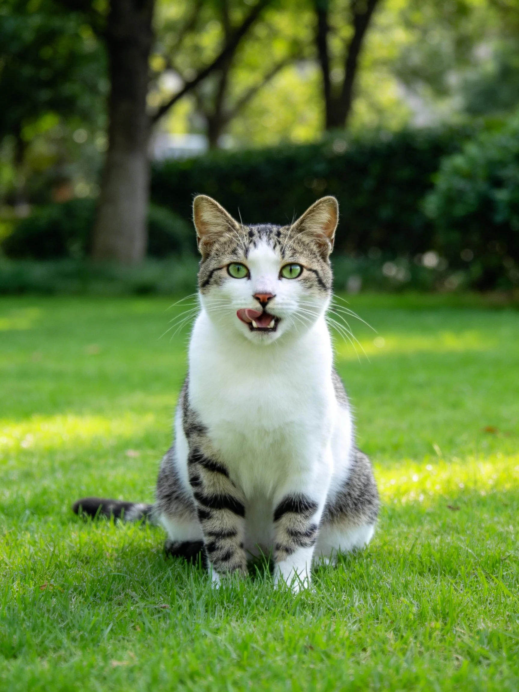A gray and white cat sits on vibrant green grass in a park