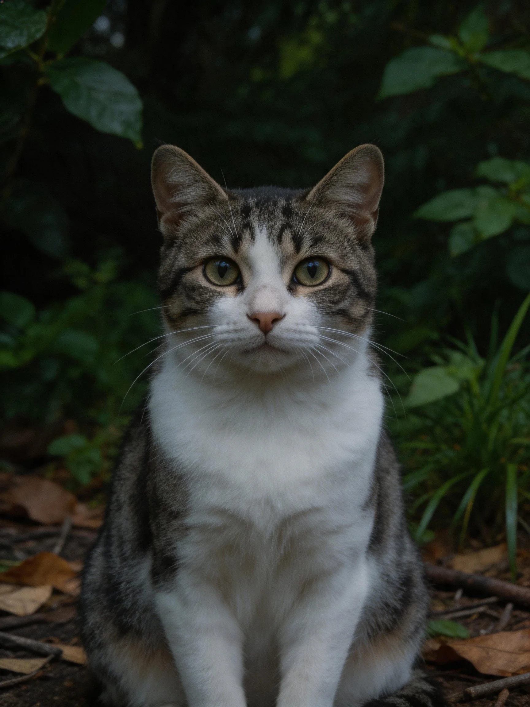 A gray and white cat sits calmly amid dark plants and scattered dry leaves.