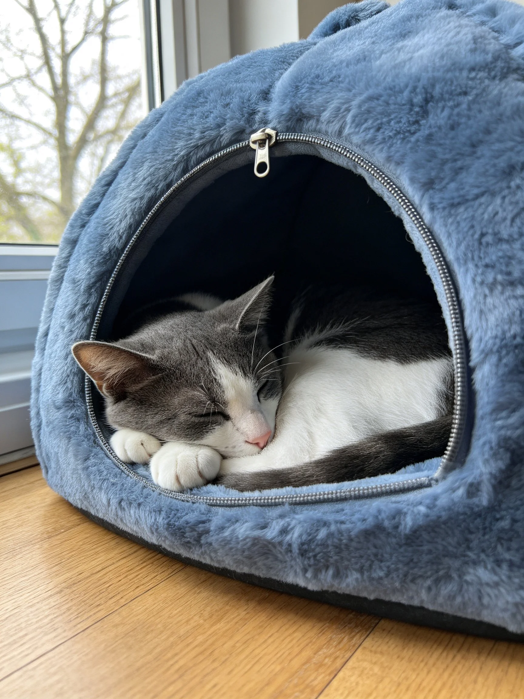 A gray and white cat rests inside a blue zippered pet bed by a window