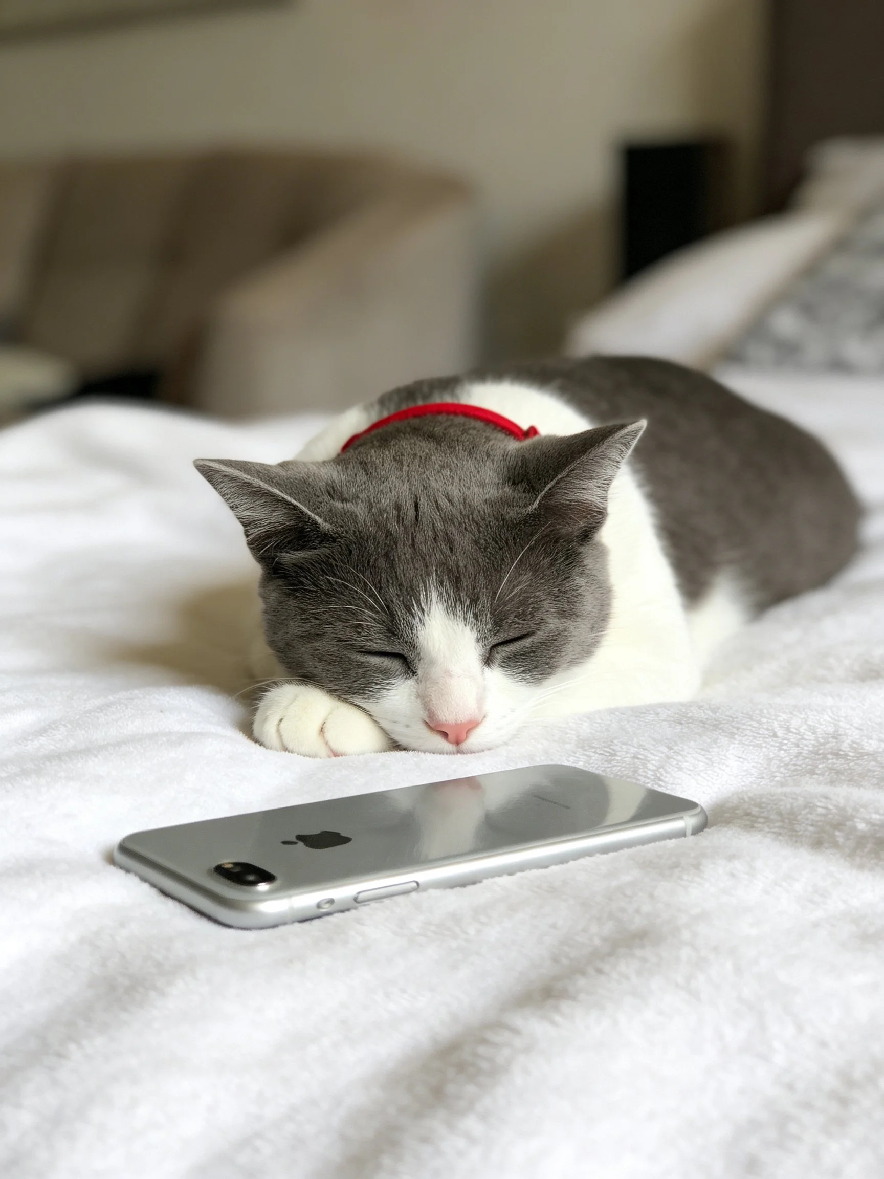 A gray and white cat sleeps on a white bed near a silver smartphone