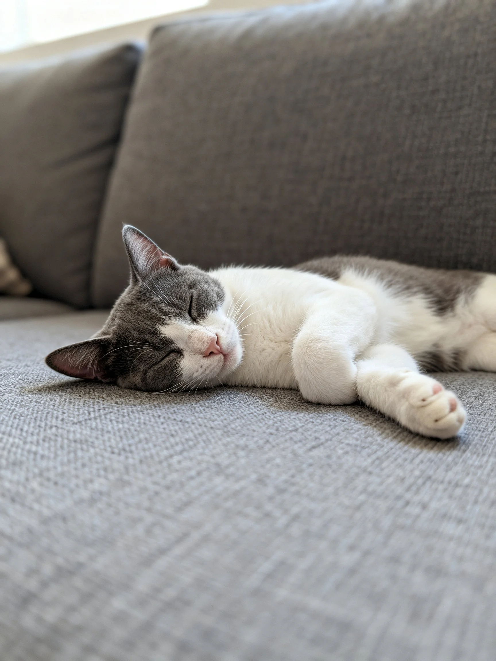 A gray and white cat sleeps peacefully on a gray couch