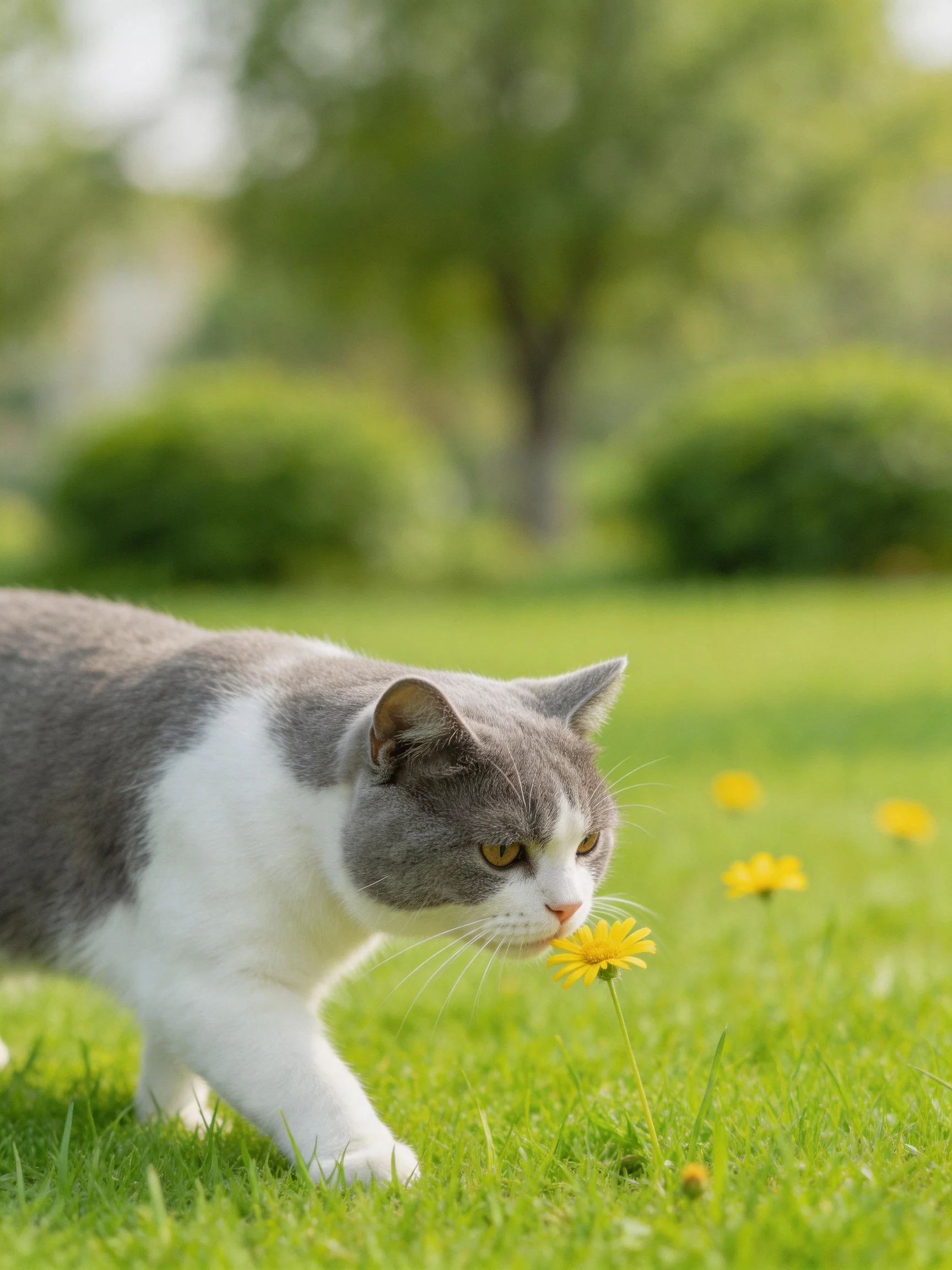 A gray-and-white cat sniffs a yellow flower in a green meadow