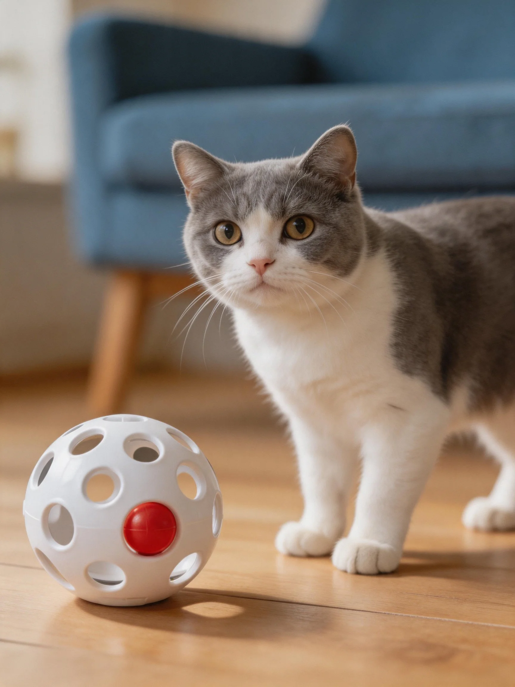 A gray and white cat observes a white perforated ball with a red center on a wooden floor.