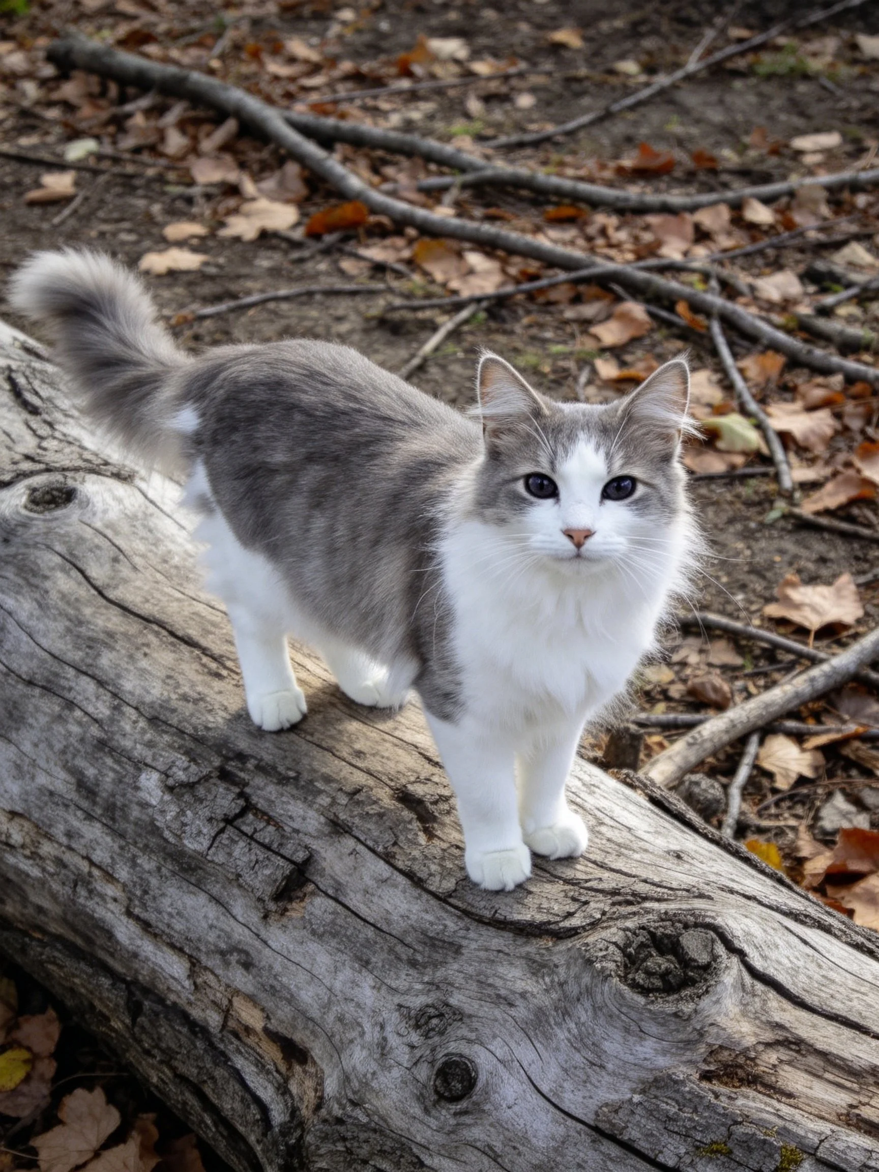 A gray and white cat stands on a weathered log amid scattered autumn leaves