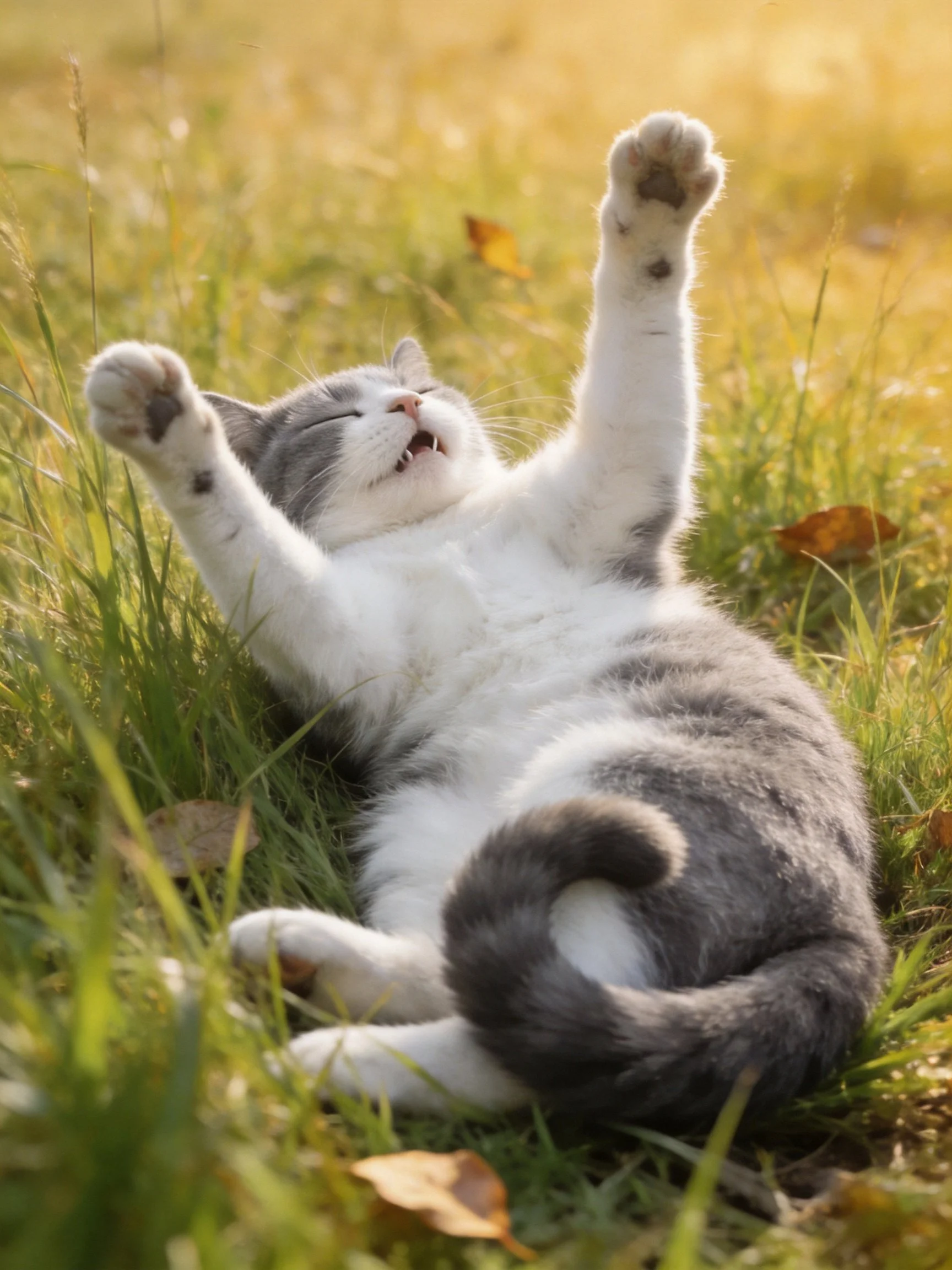 A gray-and-white cat stretches joyfully on sunlit grass