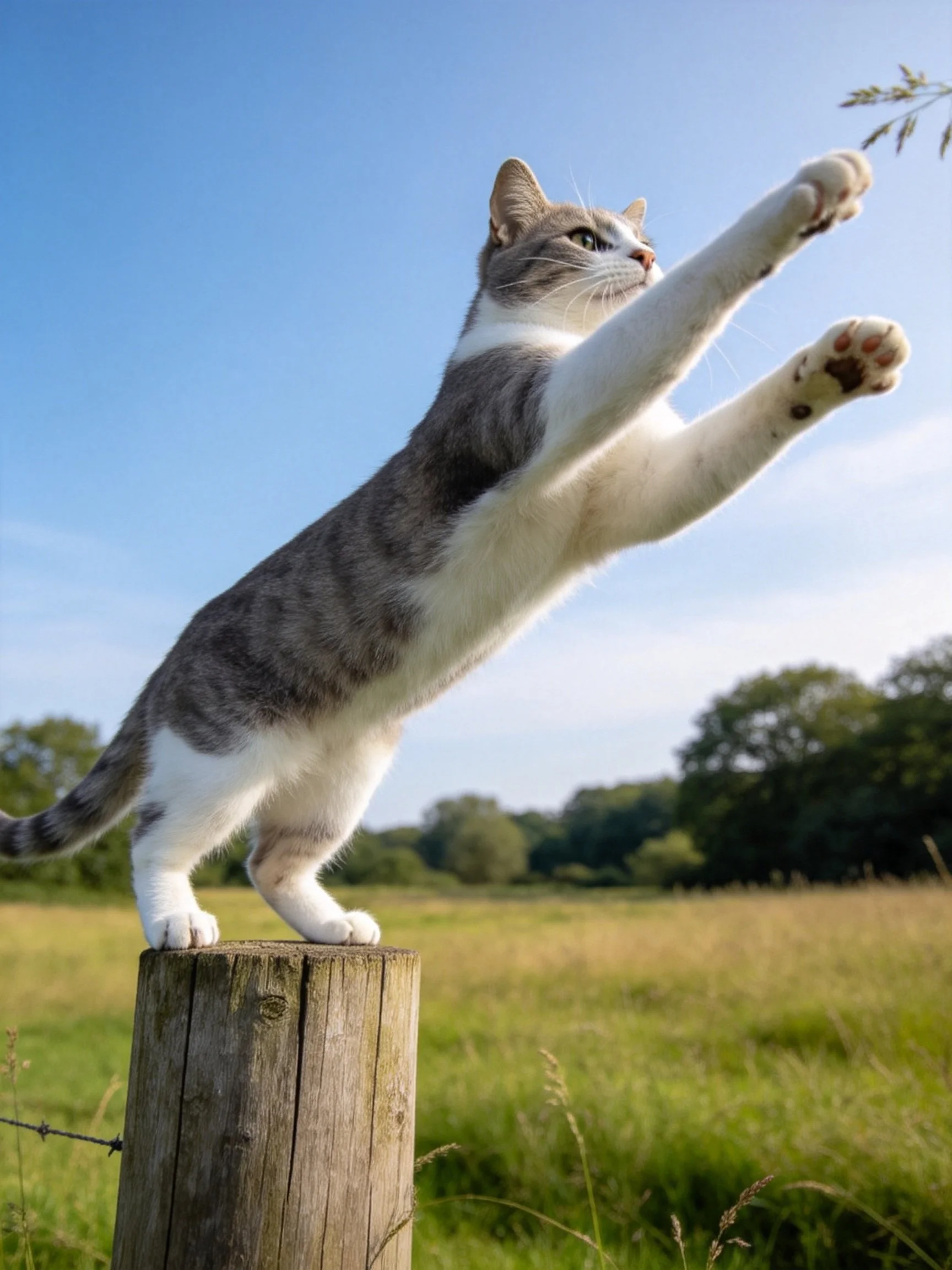A gray and white cat stretches toward foliage from a wooden post