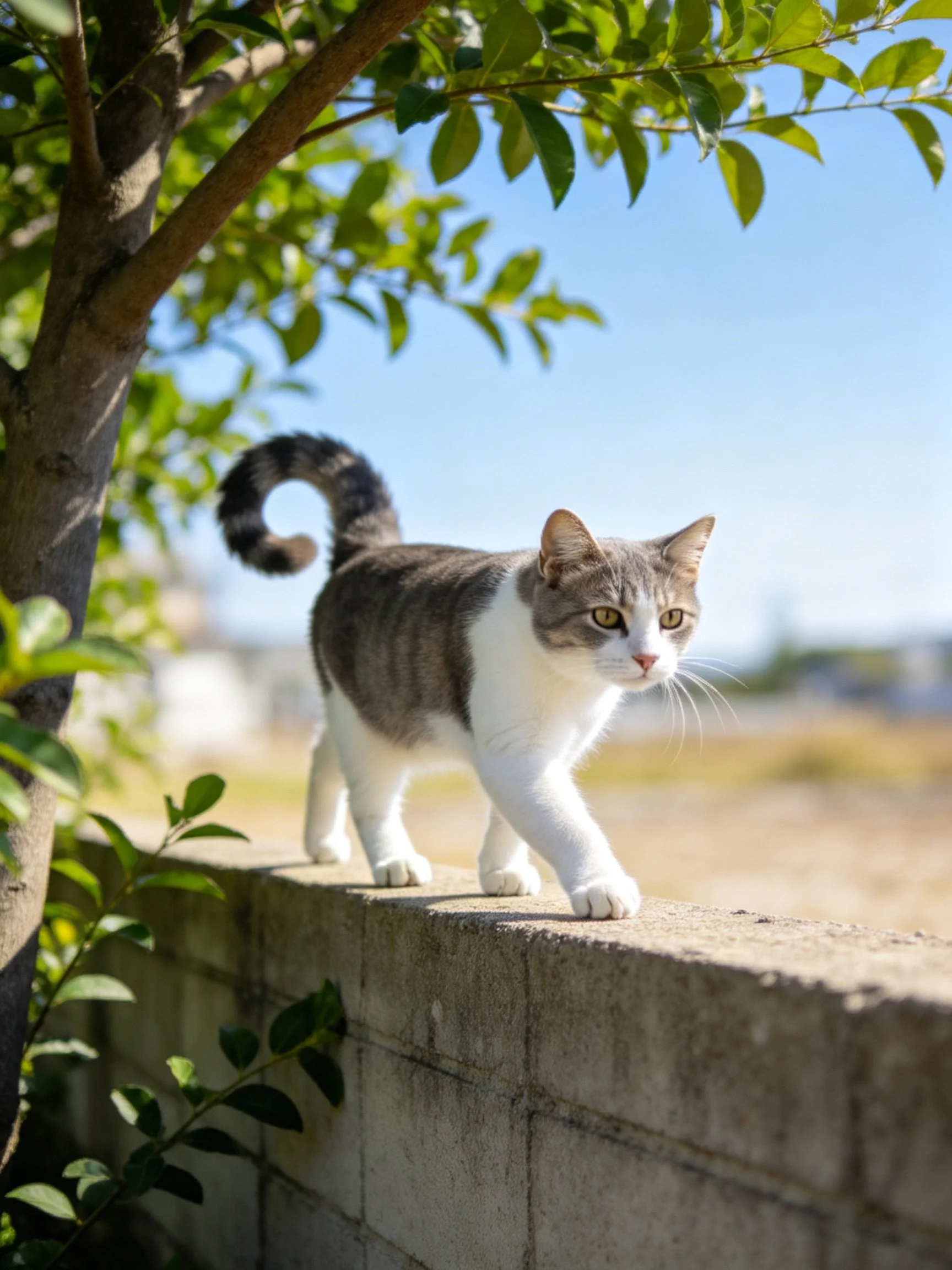 A gray and white cat explores a concrete wall amid greenery under sunny skies.