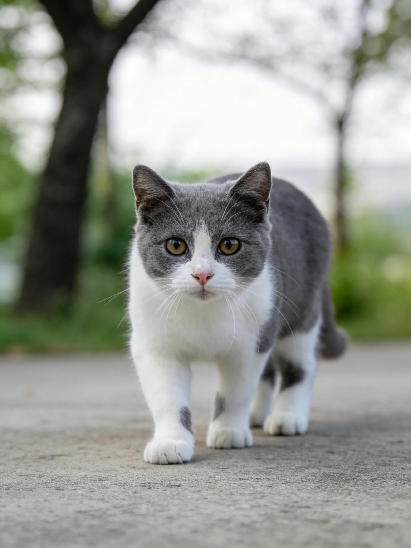 A gray and white cat walks on a concrete path near blurred trees