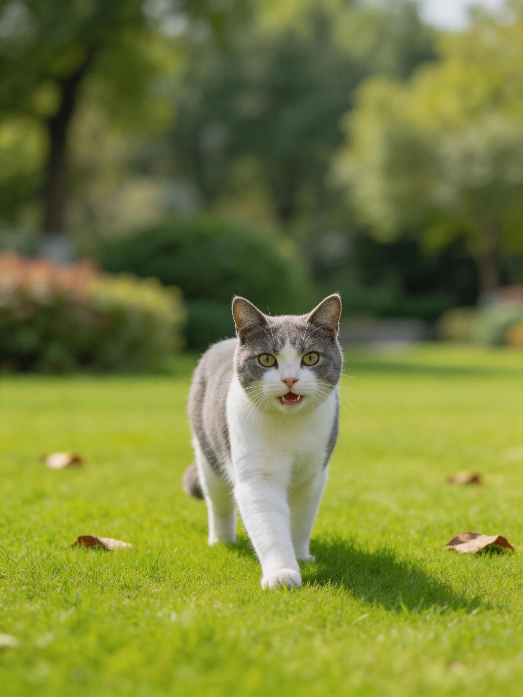 A gray and white cat walks on a green lawn in a sunny outdoor area.