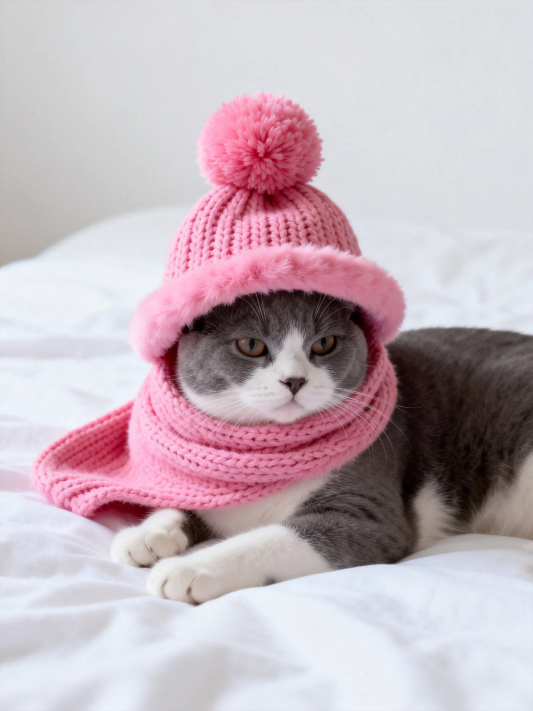 A gray and white cat wears pink knit hat and scarf on a bed