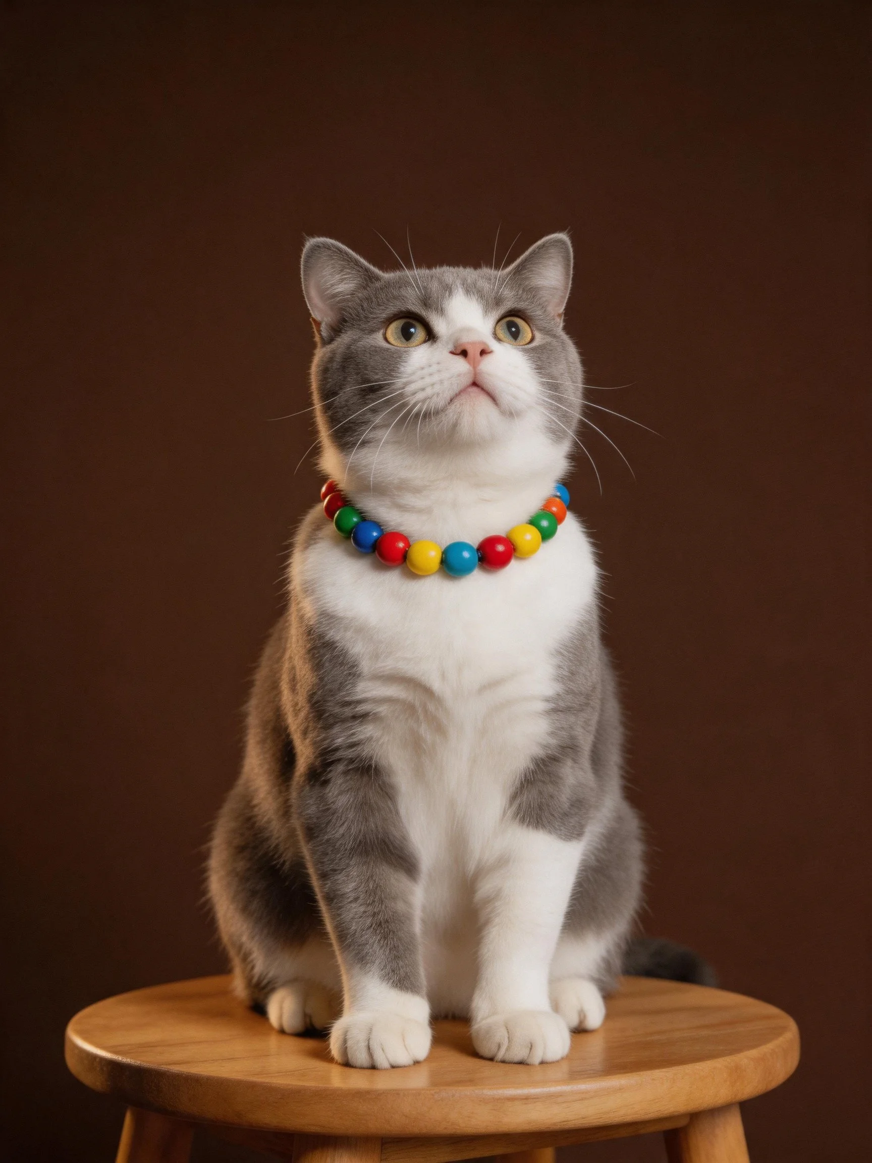 A gray and white cat with a colorful collar sits on a wooden stool against a brown backdrop